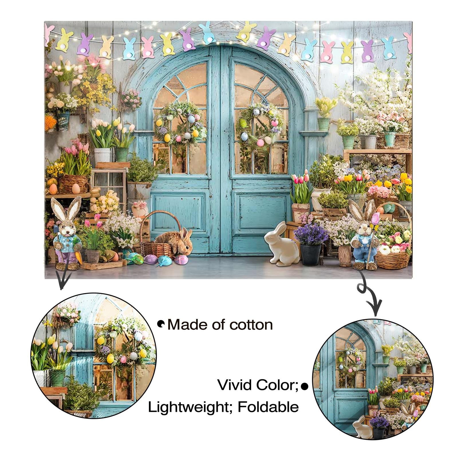 Easter Backdrop Blue Wooden Doors Brick Bunny Rabbit Photo Banner Spring Shop..