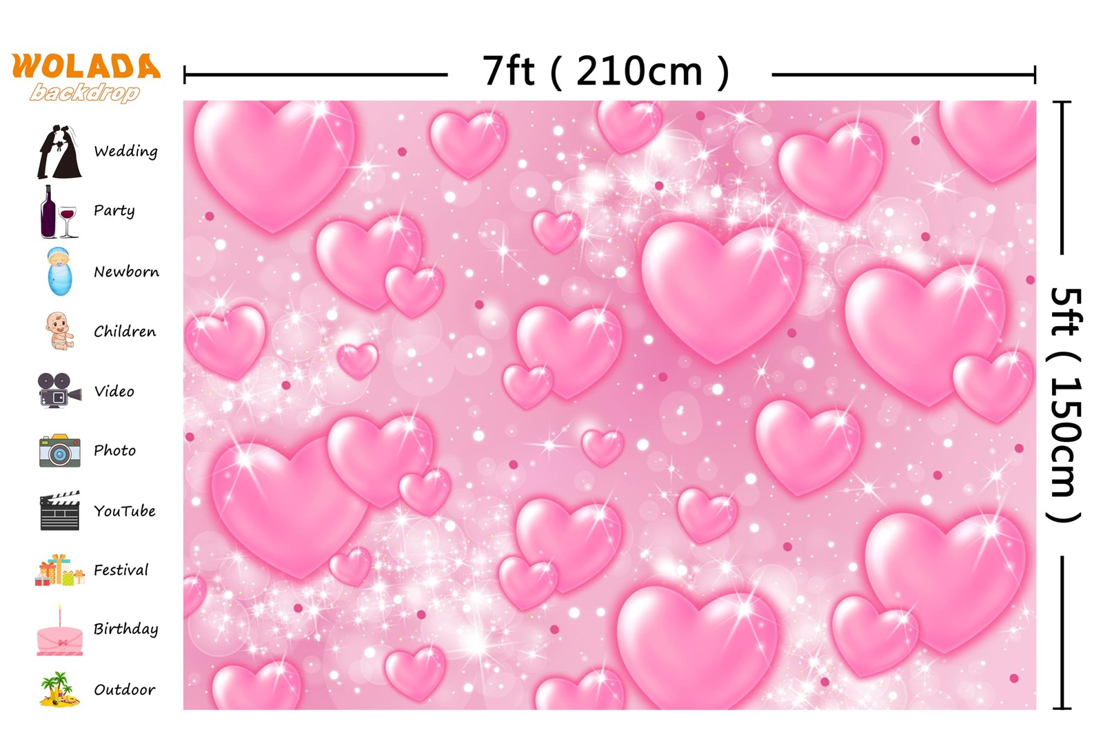 WOLADA Pink Heart Backdrop Valentine’s Day Background for Party 7x5FT,