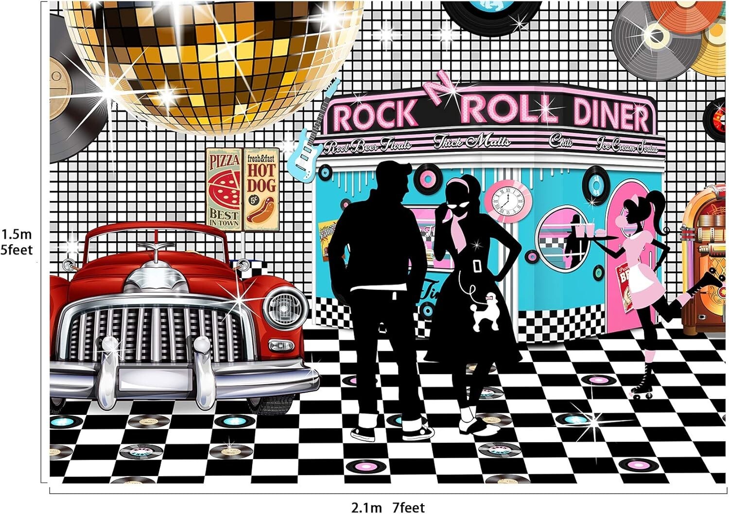 Vibrant 50s Diner Photo Booth Backdrop 7×5 Feet – Perfect for Nostalgic Events