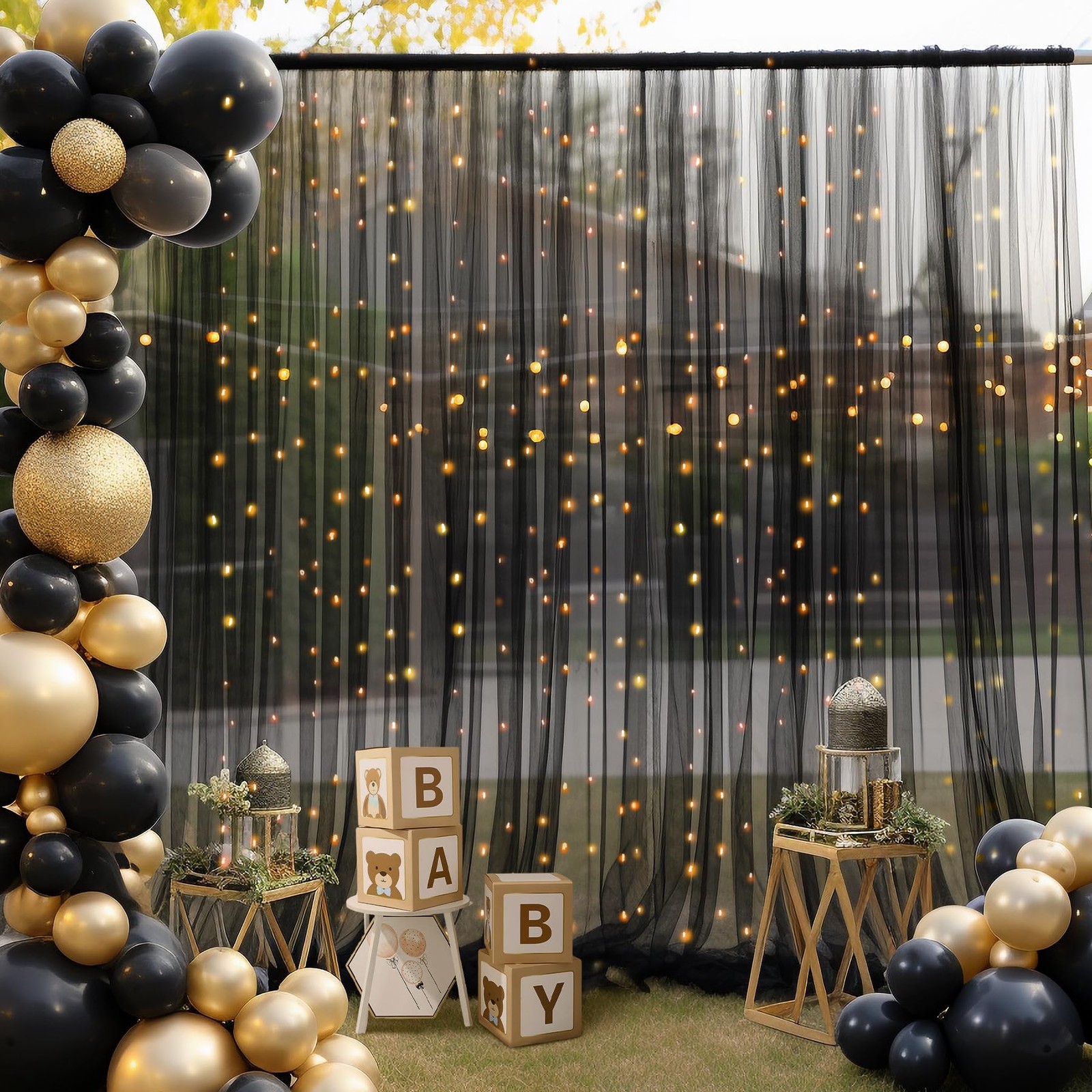 10×10ft Black Tulle Backdrop Curtain with Lights String for Parites, Sheer Ph…