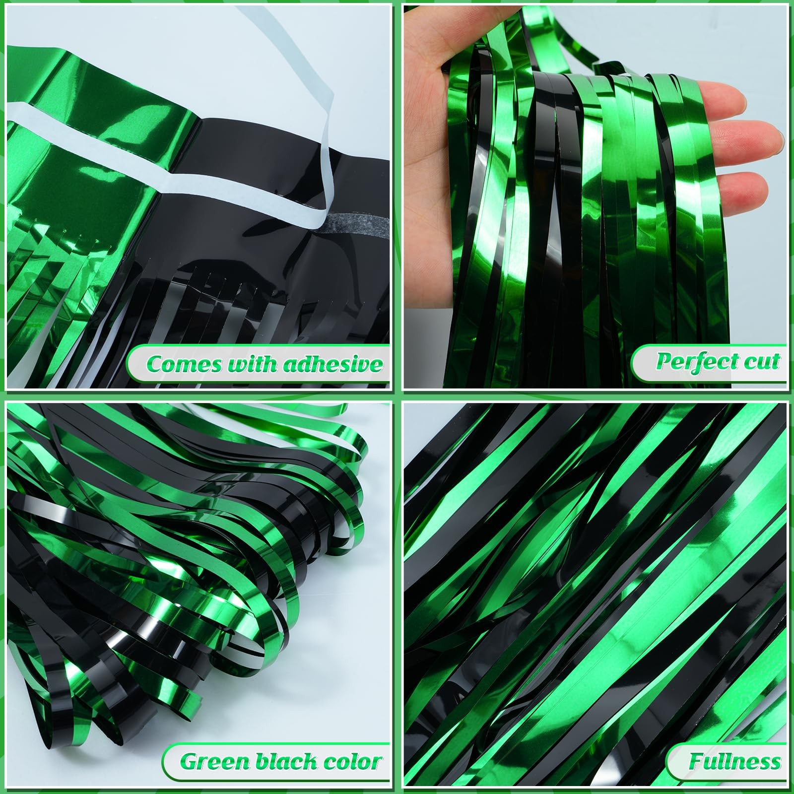 Graduation Foil Fringe Curtain Backdrop Green Black Metallic 6.6 Ft 3 Pack