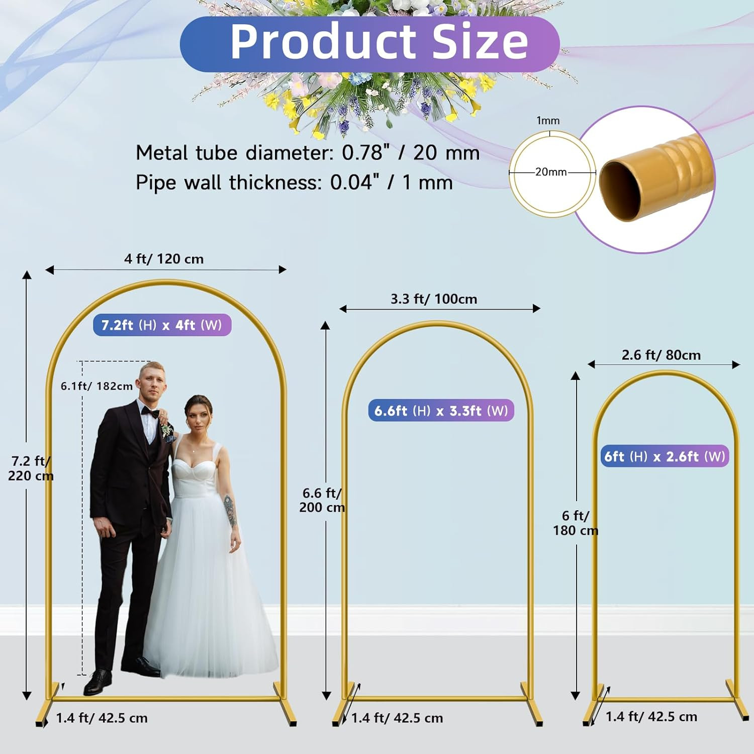 Metal Arch Backdrop Stand Set of 3, 6ft, 6.6ft, 7.2ft Wedding Arch Frame for Bac