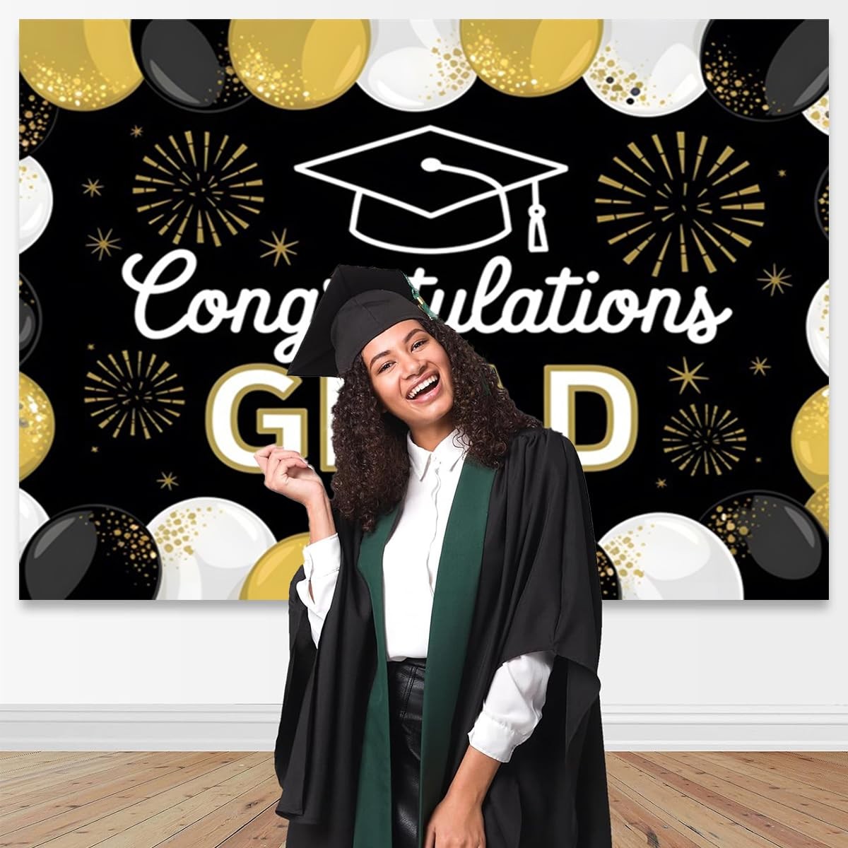 10x8ft Class Of 2025 Graduation Backdrop Black Gold Congrats Grad Photo Booth