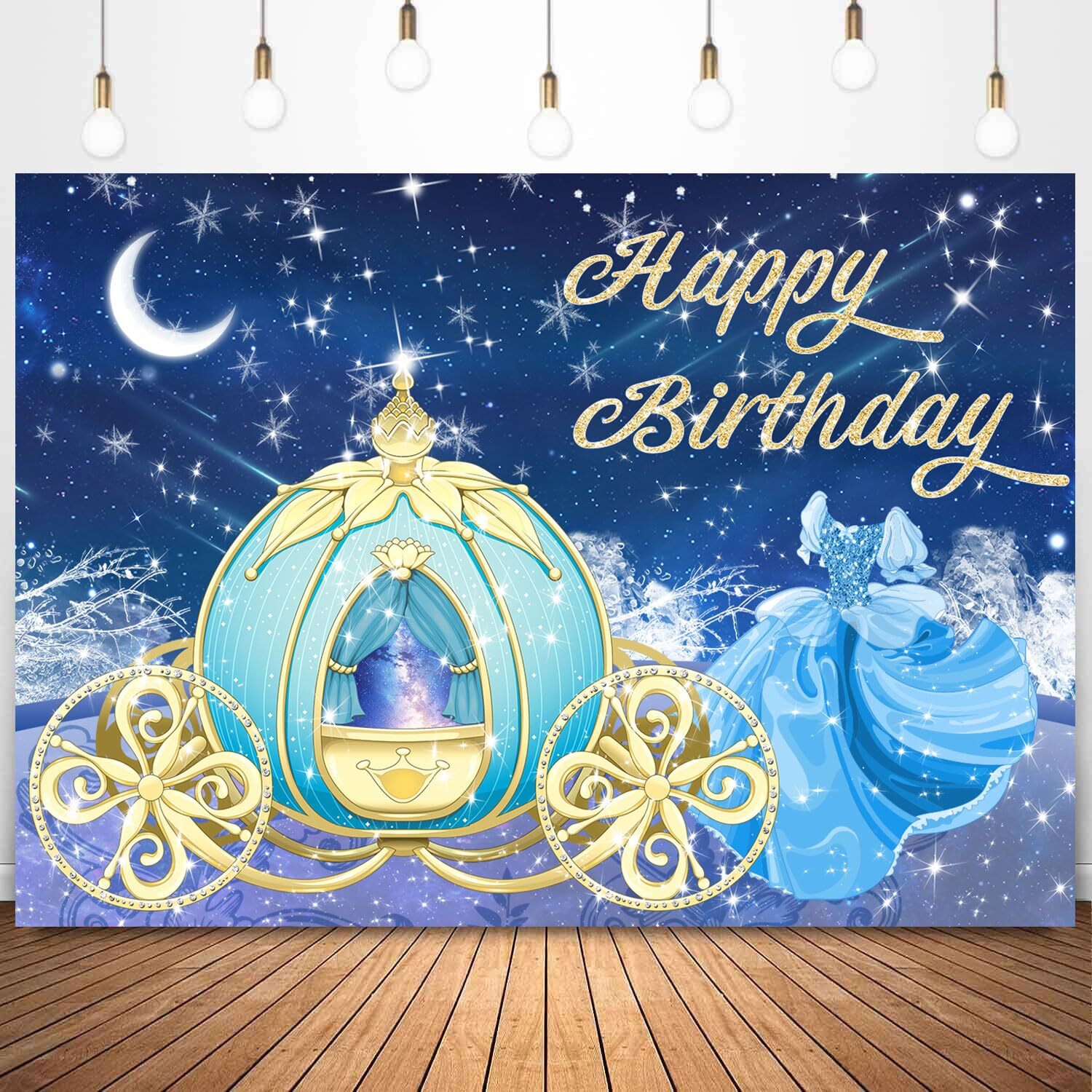 Dreamy Blue Happy Birthday Backdrop Princess Fairy Tale Glitter Gold Pumpkin Car
