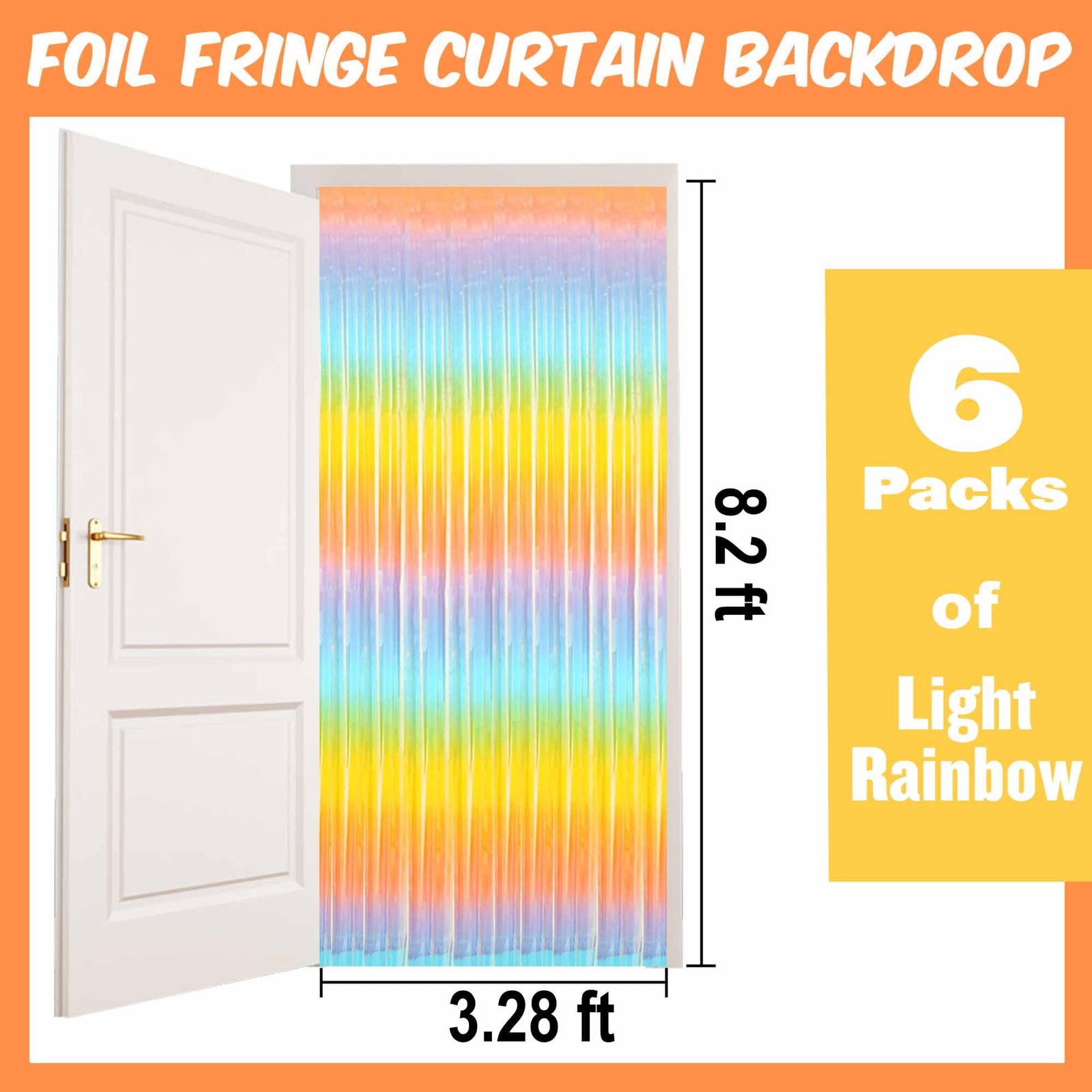 6 Pack Light Rainbow Foil Fringe Curtains Backdrop, 3.28 x 8.2
