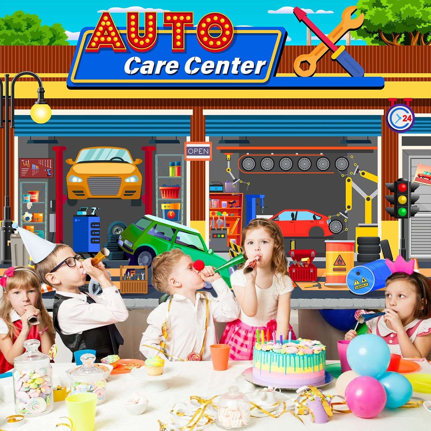 HANYING Cartoon Auto Repair Shop Backdrop for Boy Birthday 7x5ft, colorful