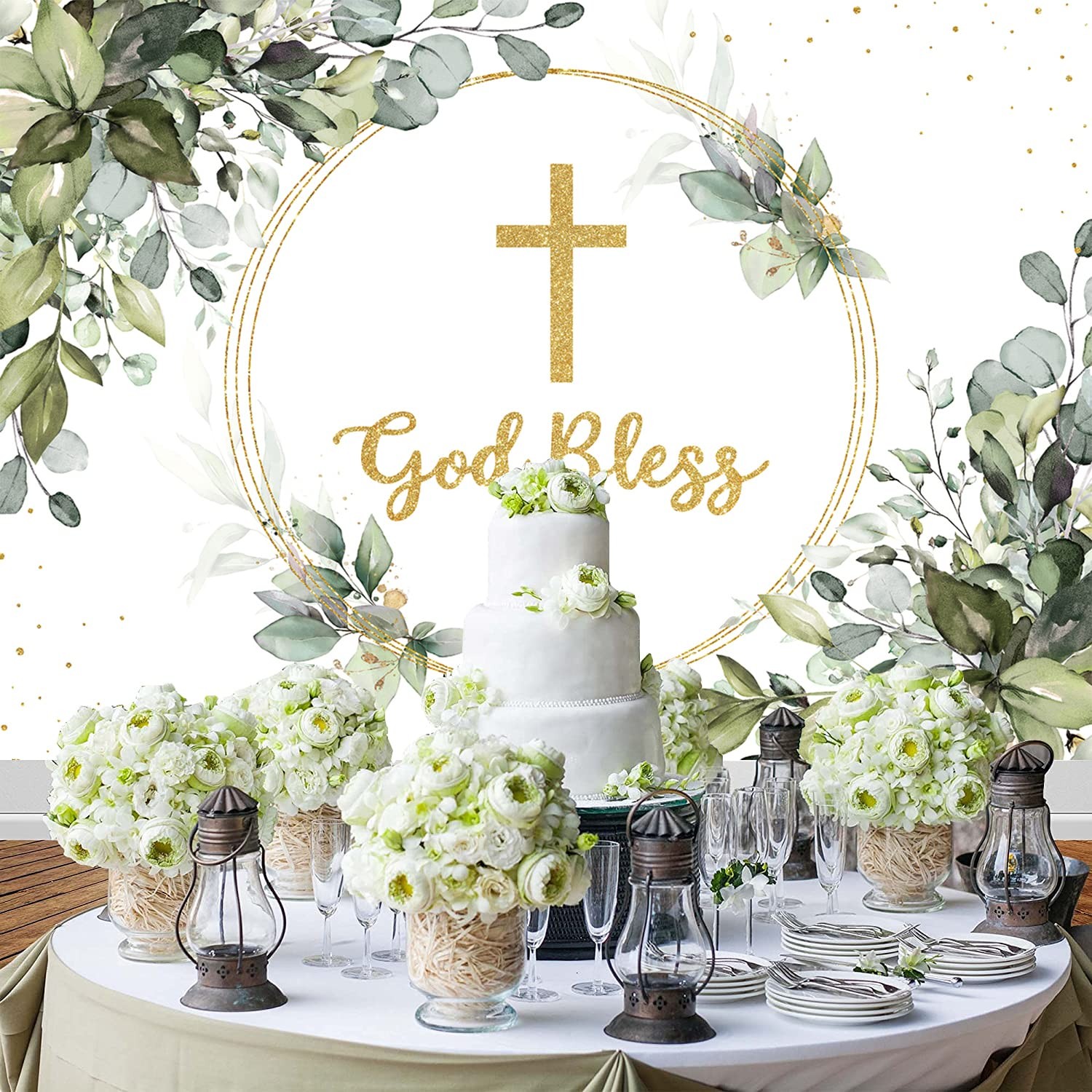 7x5ft Greenery “God Bless” Backdrop First Holy Communion Baptism Background