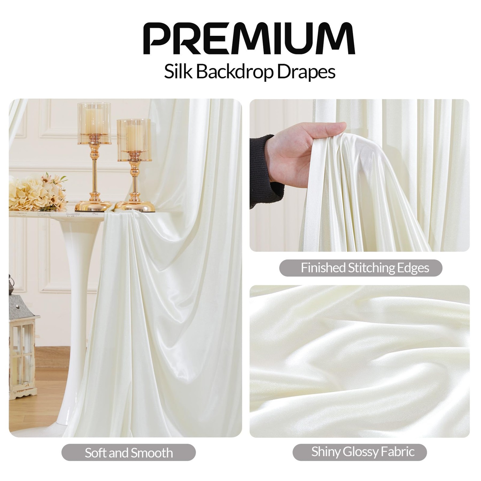 2 Panels 5x12ft Ivory Satin Backdrop Curtains Wrinkle Free Photo Wedding Party