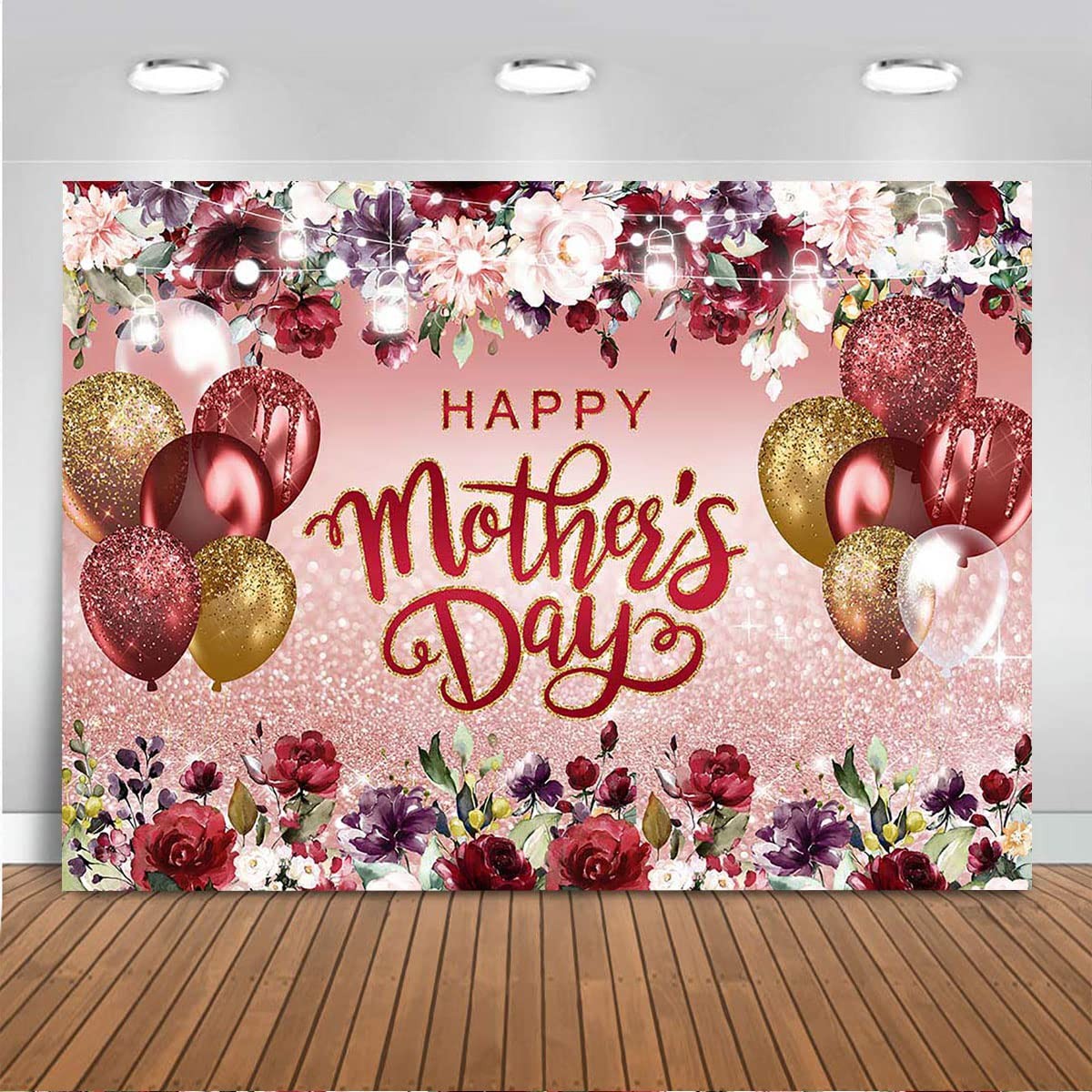 Happy Mother’s Day Backdrop Burgundy Flowers Rose Gold Glitter Photo Background