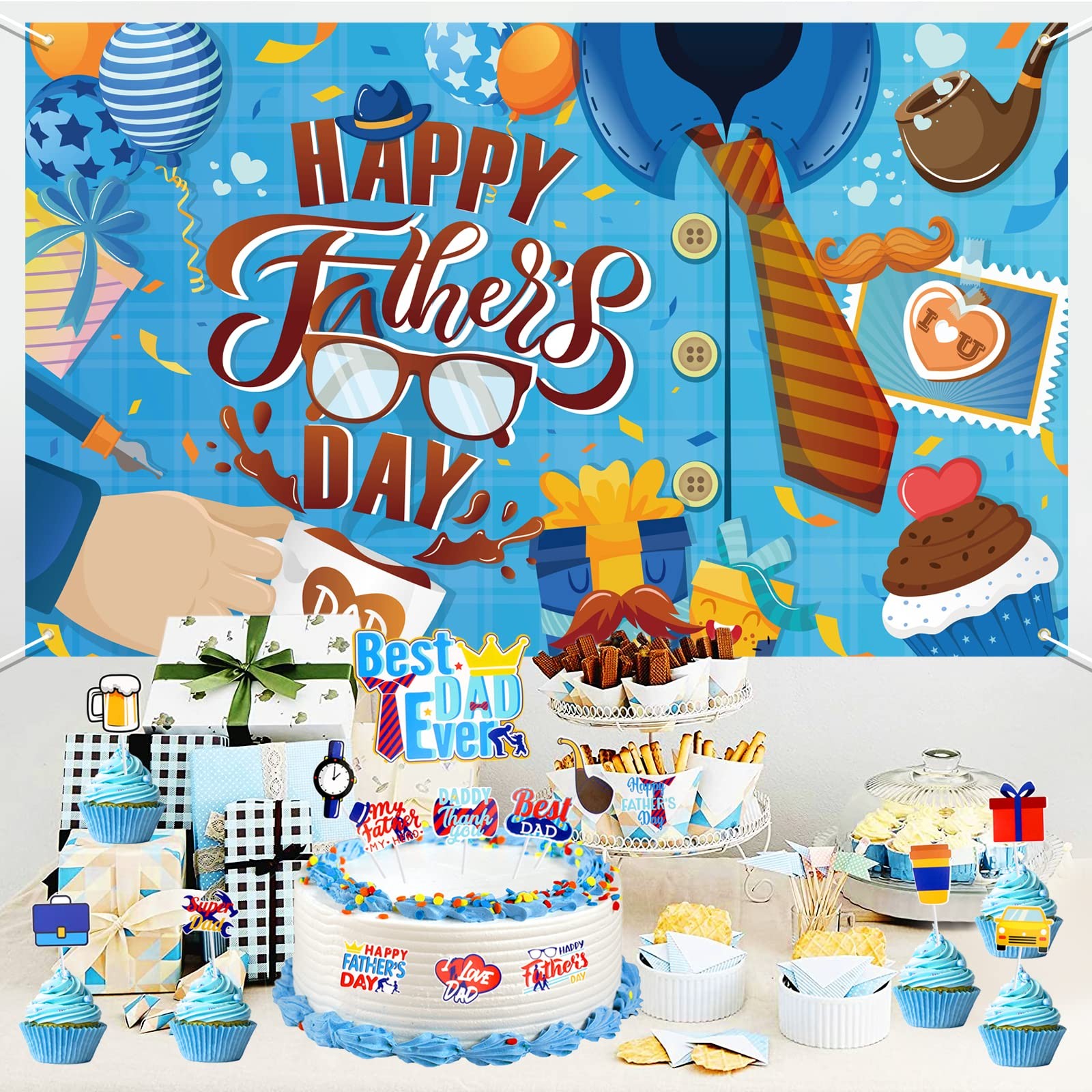 Happy Father’s Day Banner, Blue Fabric Backdrop with Brown Tie, Star Balloons, ‘