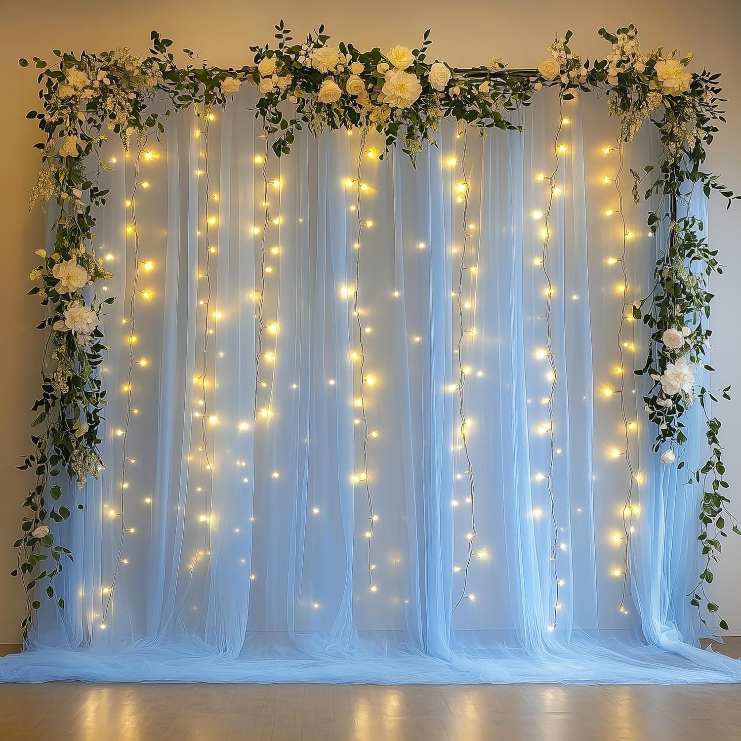 Tulle Backdrop Curtain W/ Lights String 10FT X 10FT Ivory Sheer Tulle Backdrop