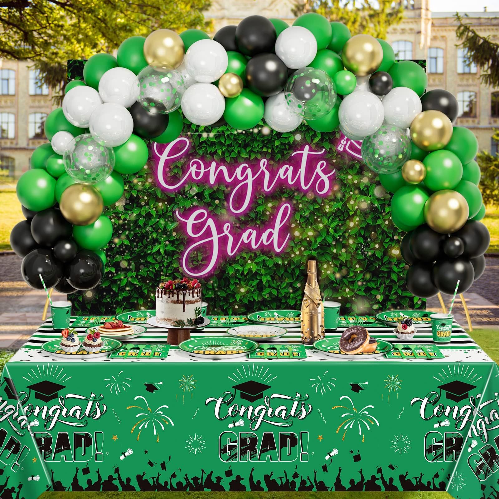 2025 Congrats Grad Backdrop Green Leaves Graduation Decoration Pink 7x5ft
