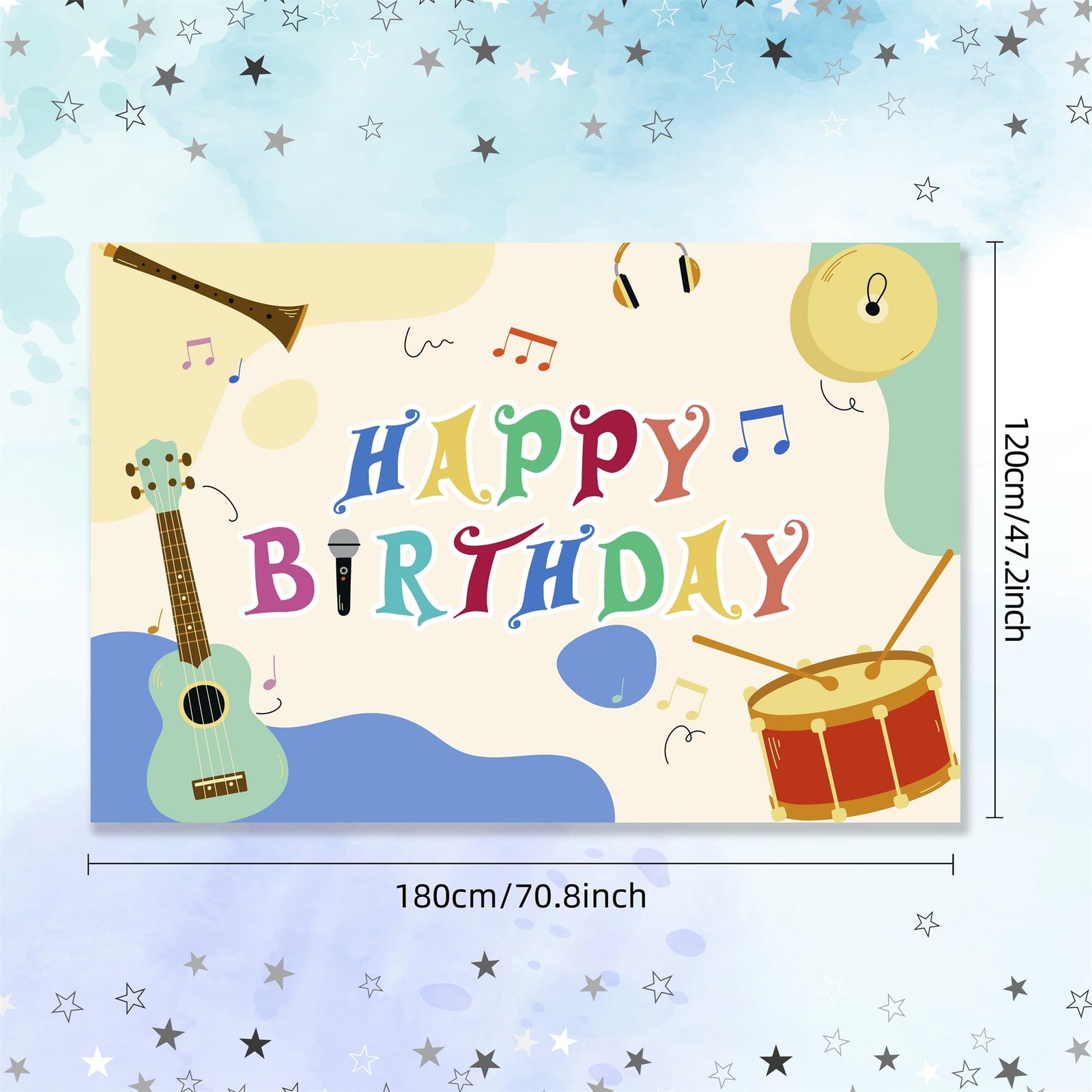 Music Note Happy Birthday Banner Backdrop Various Cartoon Musical Instruments…
