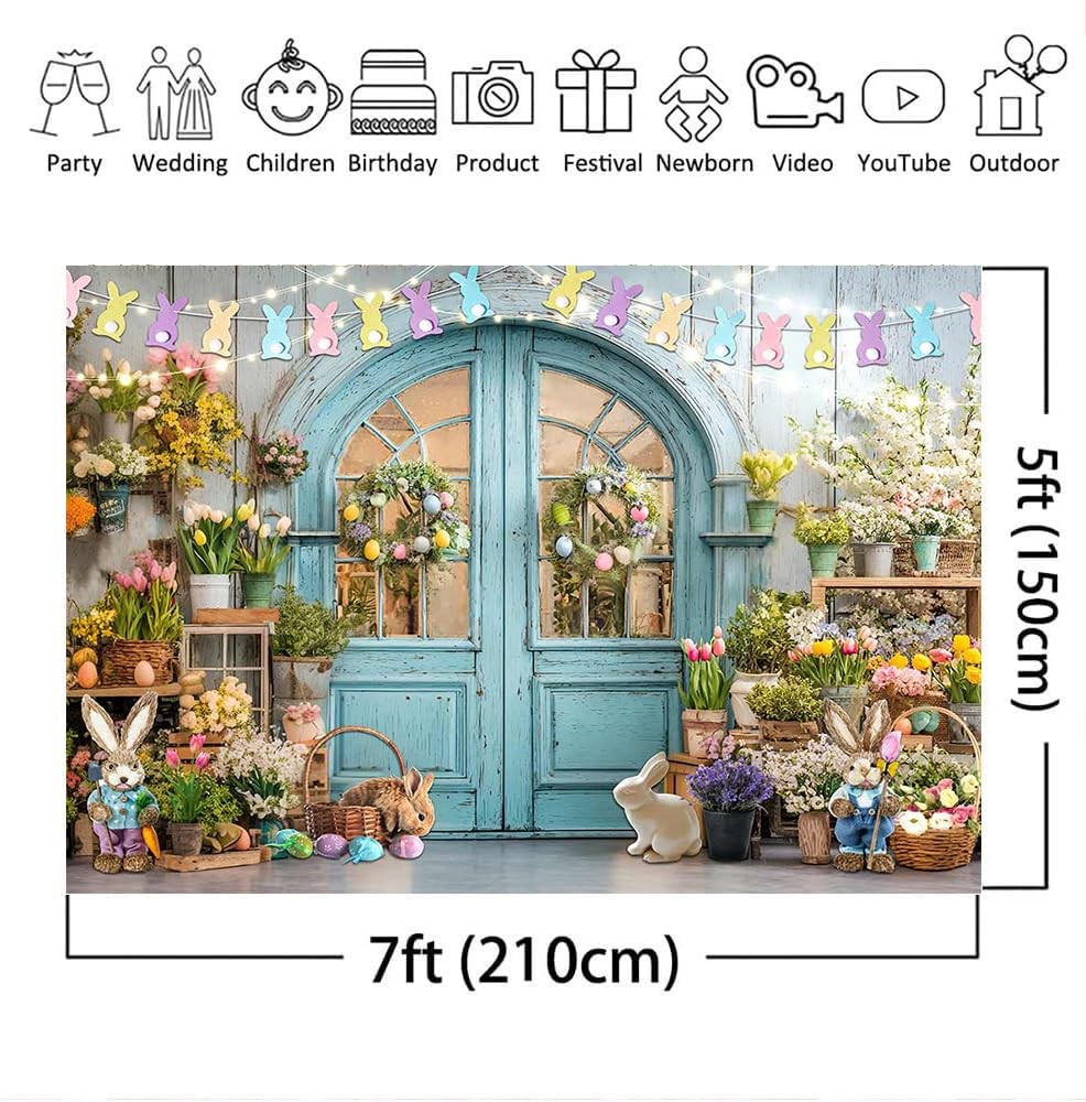 Easter Backdrop Blue Wooden Doors Brick Bunny Rabbit Photo Banner Spring Shop..