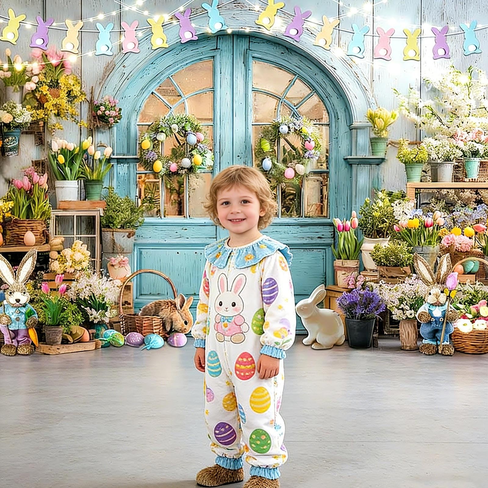 Easter Backdrop Blue Wooden Doors Brick Bunny Rabbit Photo Banner Spring Shop..