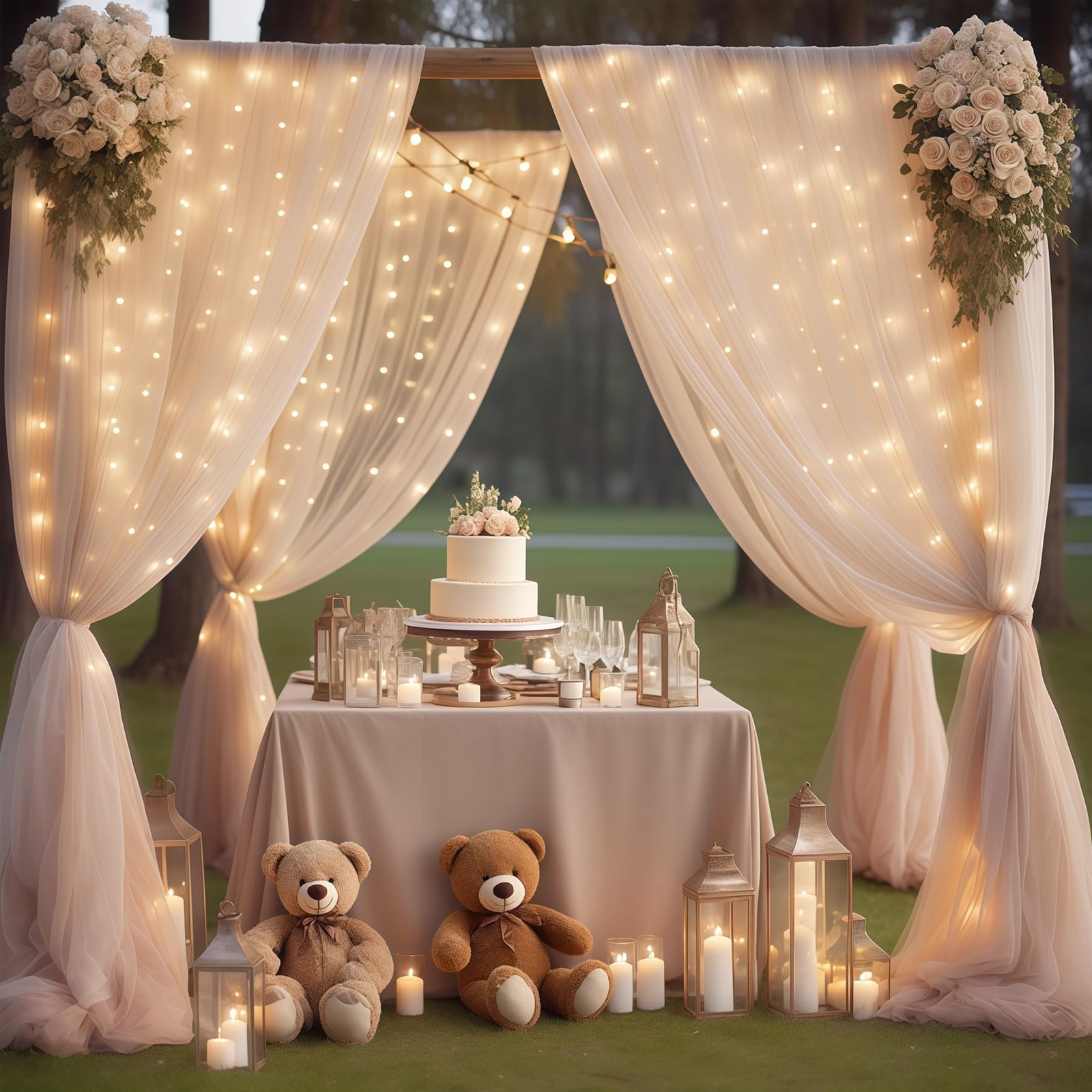 10×10ft Champagne Tulle Backdrop Curtain with Lights String for Parites, Shee…