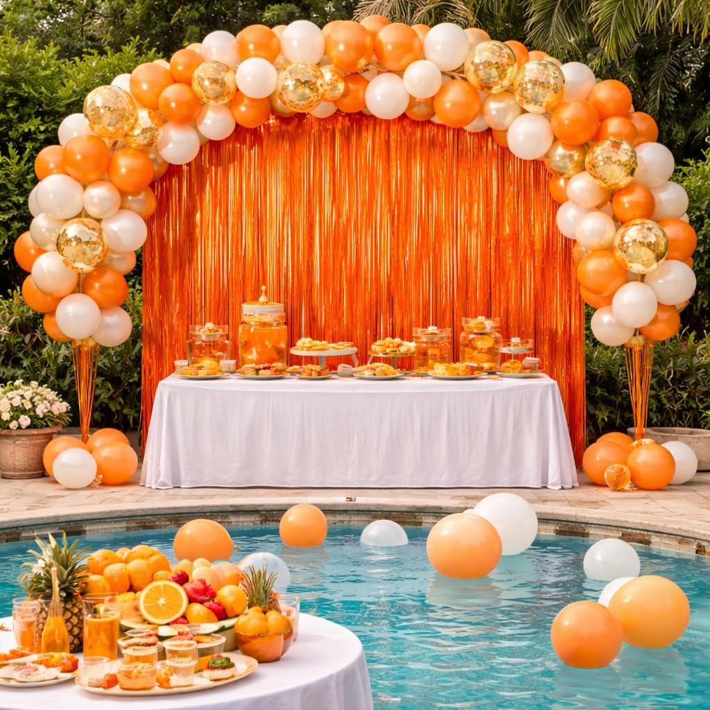 2 PCS 3.2×6.4 Ft Orange Macaron Foil Fringe Backdrop Curtain Tinsel Party
