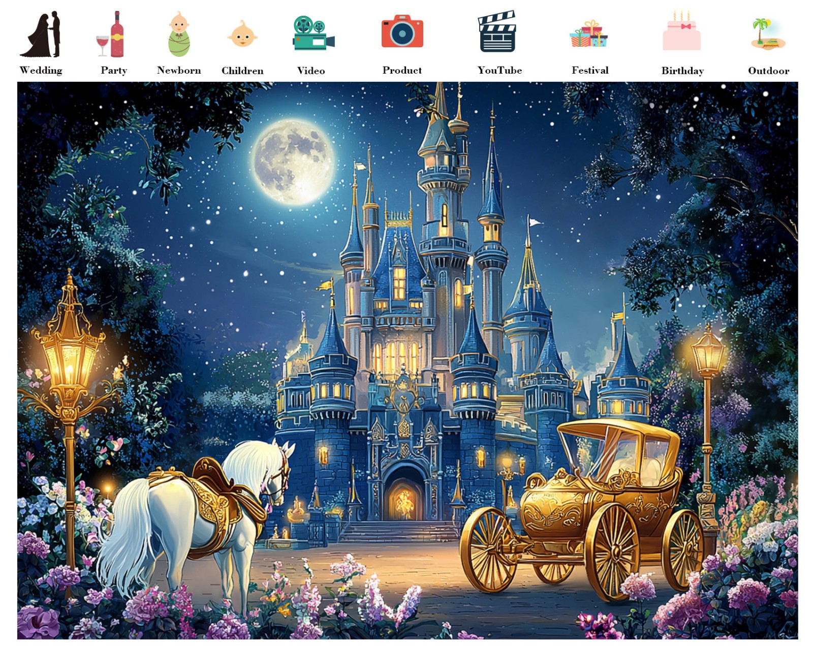 10x8ft Fairy Tale Horse Carriage Princess Castle Photo Background Studio Props