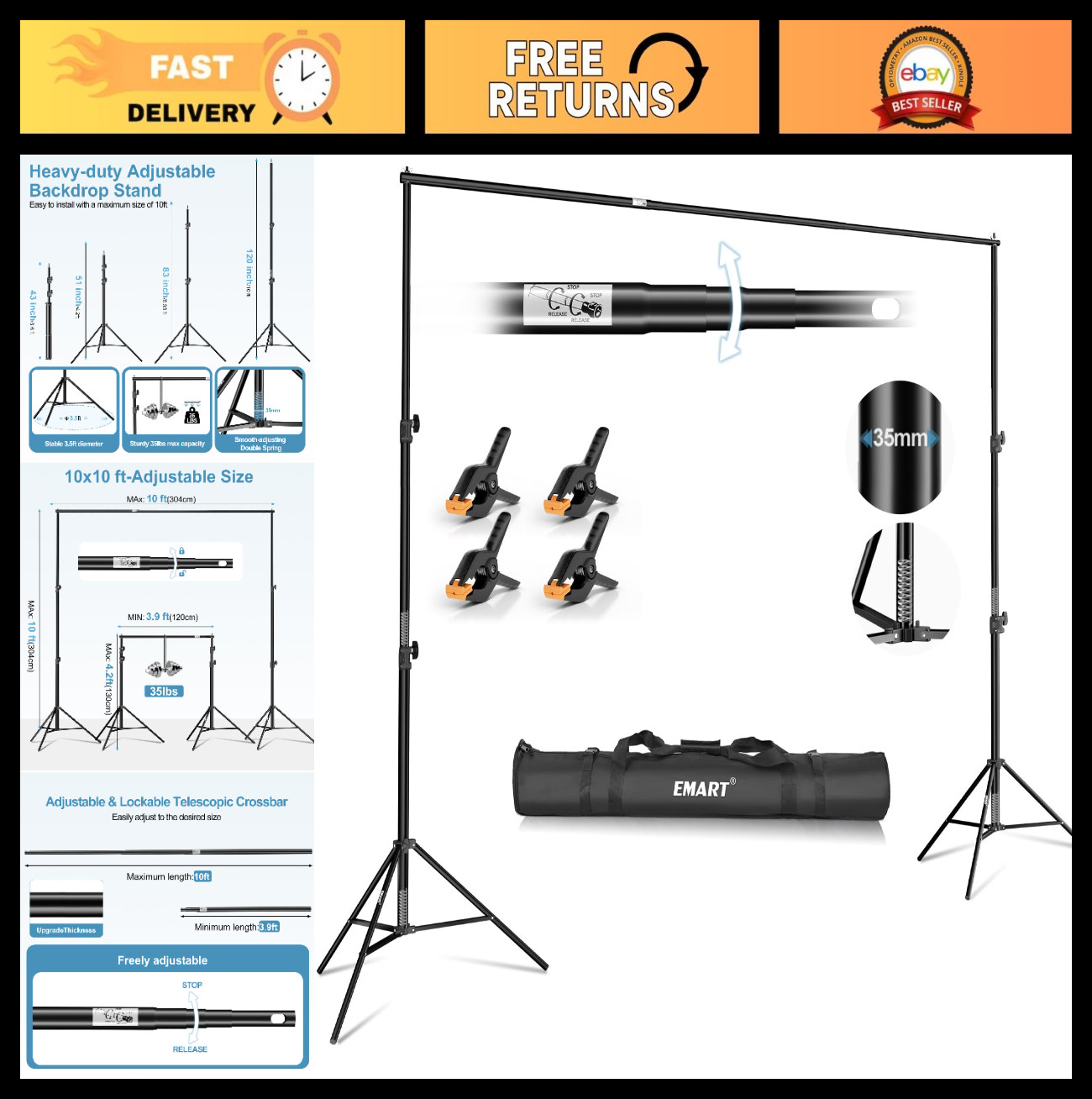 10x10FT Adjustable Photo Backdrop Stand Kit with Clamps & Carry Bag – Heavy Duty
