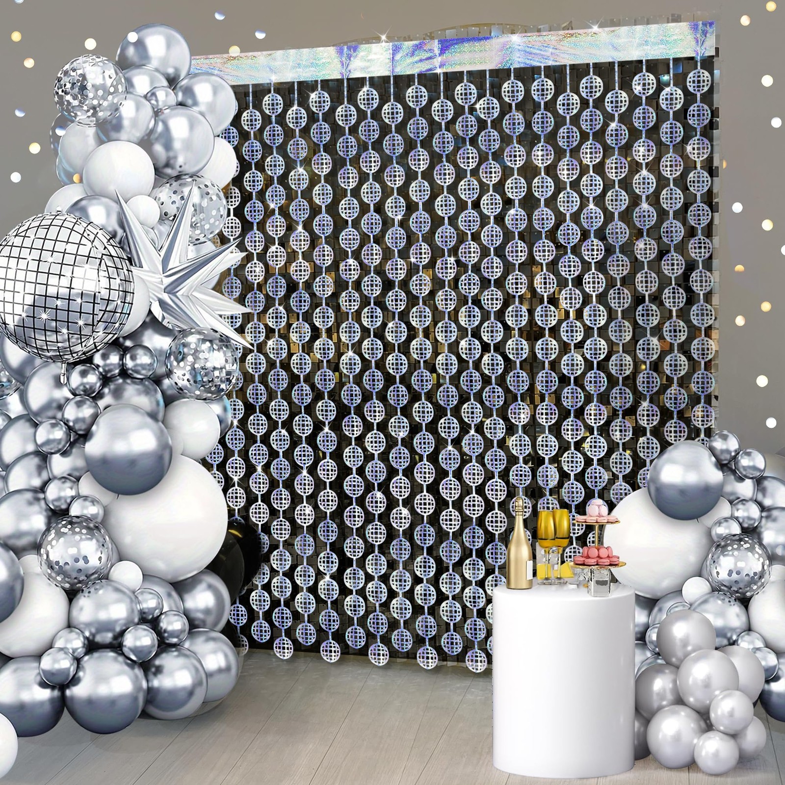 Disco Ball Foil Fringe Curtains 3 Pack Silver Tinsel Backdrop for 70s Party