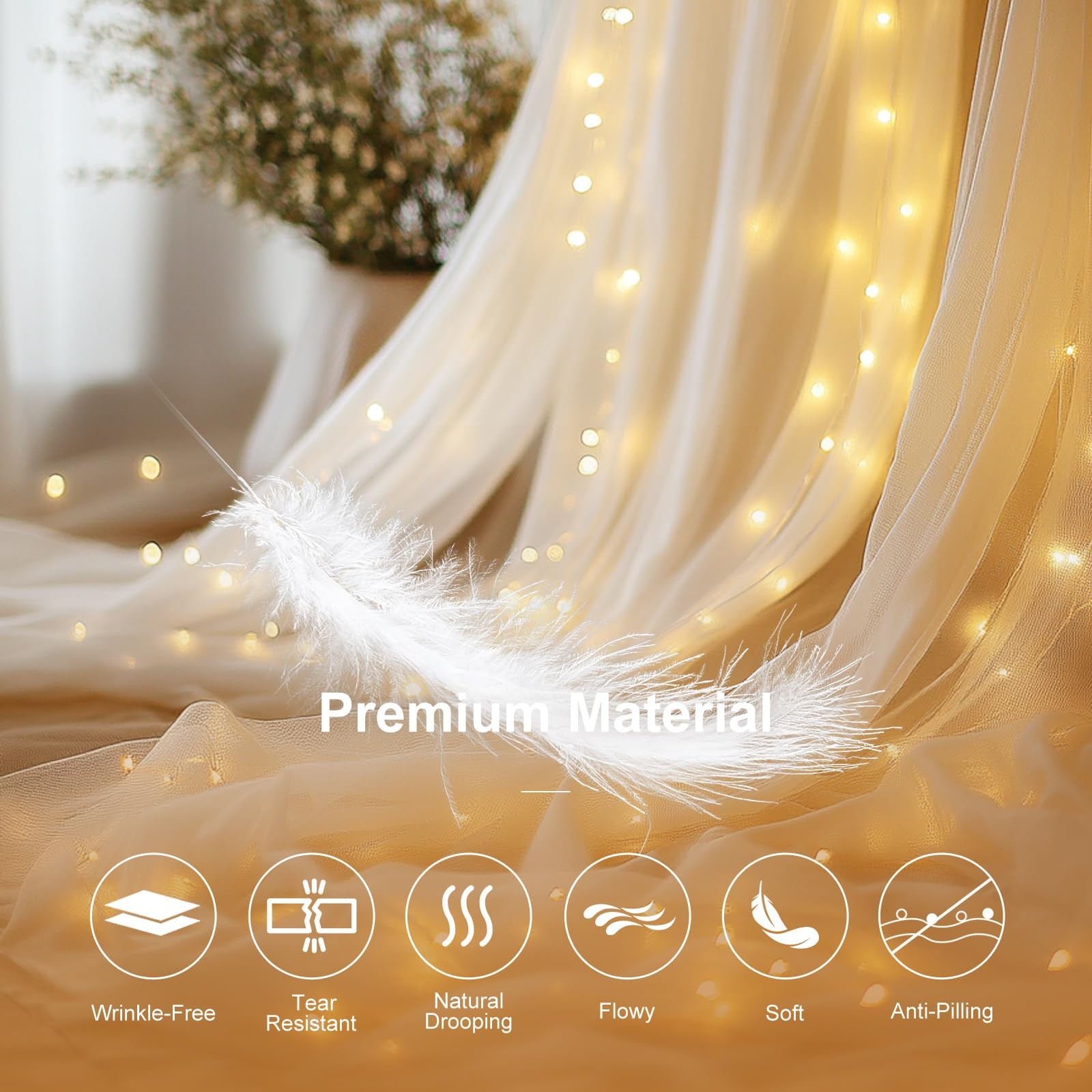Ivory Tulle Backdrop Fairy Lights WrinkleFree Sheer Curtain Drapes 10×8 FT