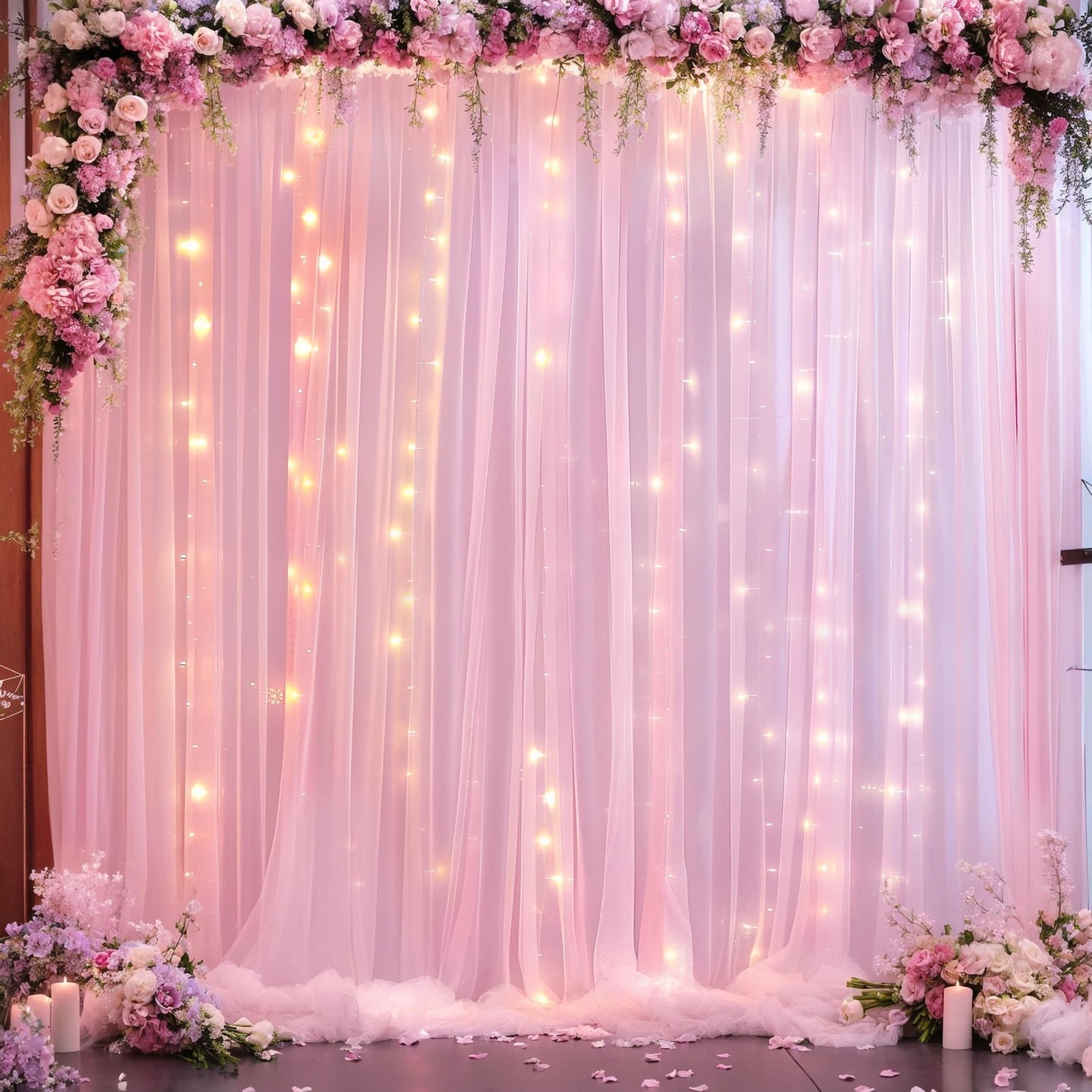 10×10 FT Baby Pink Tulle Photo Backdrop Curtain String Lights Wedding Party