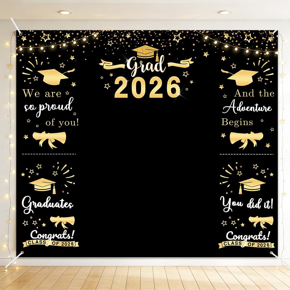 Class of 2026 Graduations Backdrop Black Gold Congrats Party Photo Backgrou