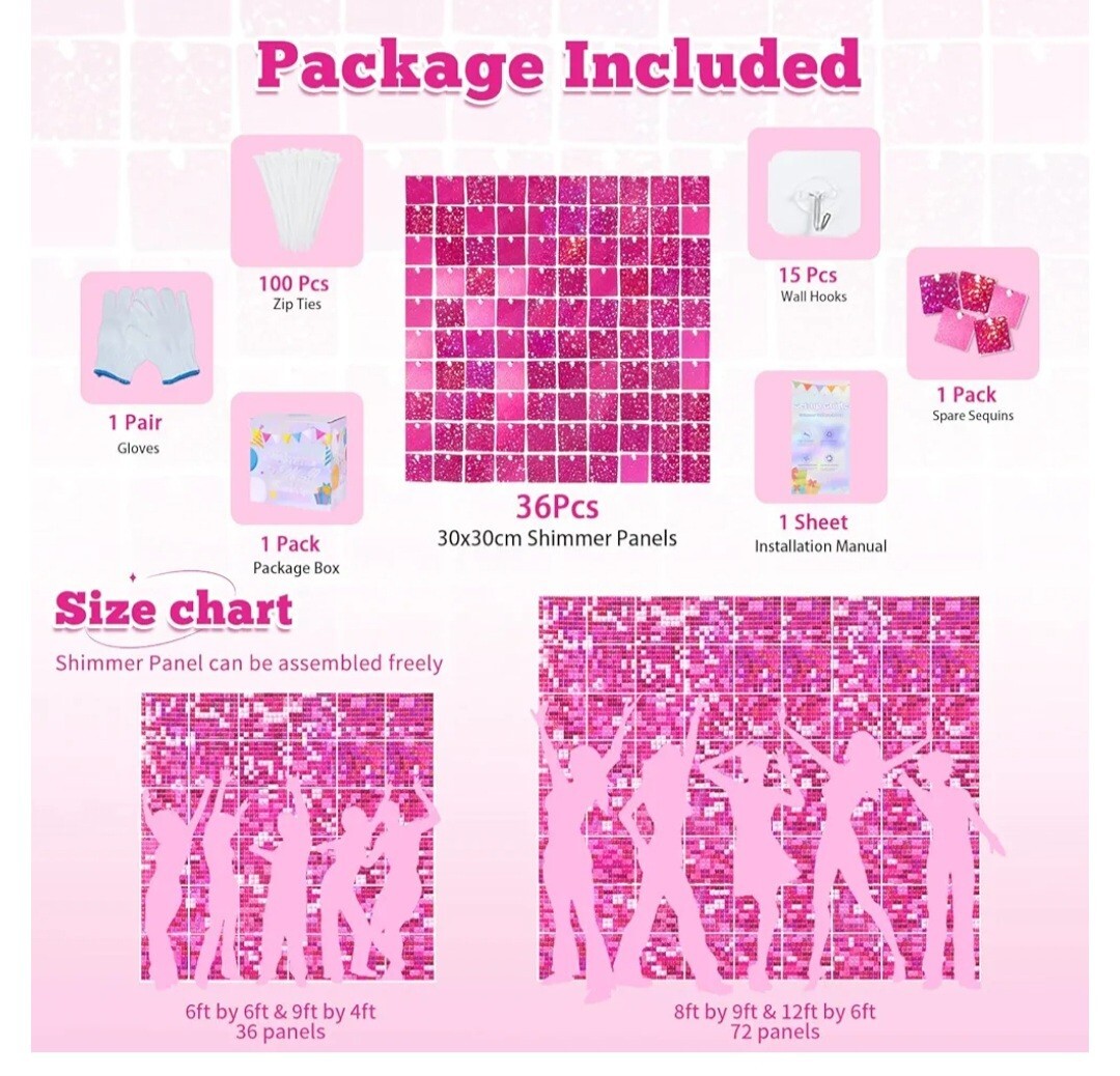 Photo BOOTH BACKDROP Hot Pink Shimmer Wall 36PCS Square Sequin Glitter new 6×6