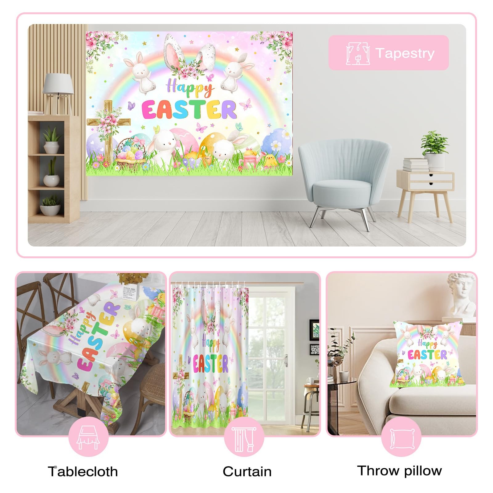 7x5ft Spring Easter Backdrop Banner Spring Rainbow Garden Happy Easter Backgroun
