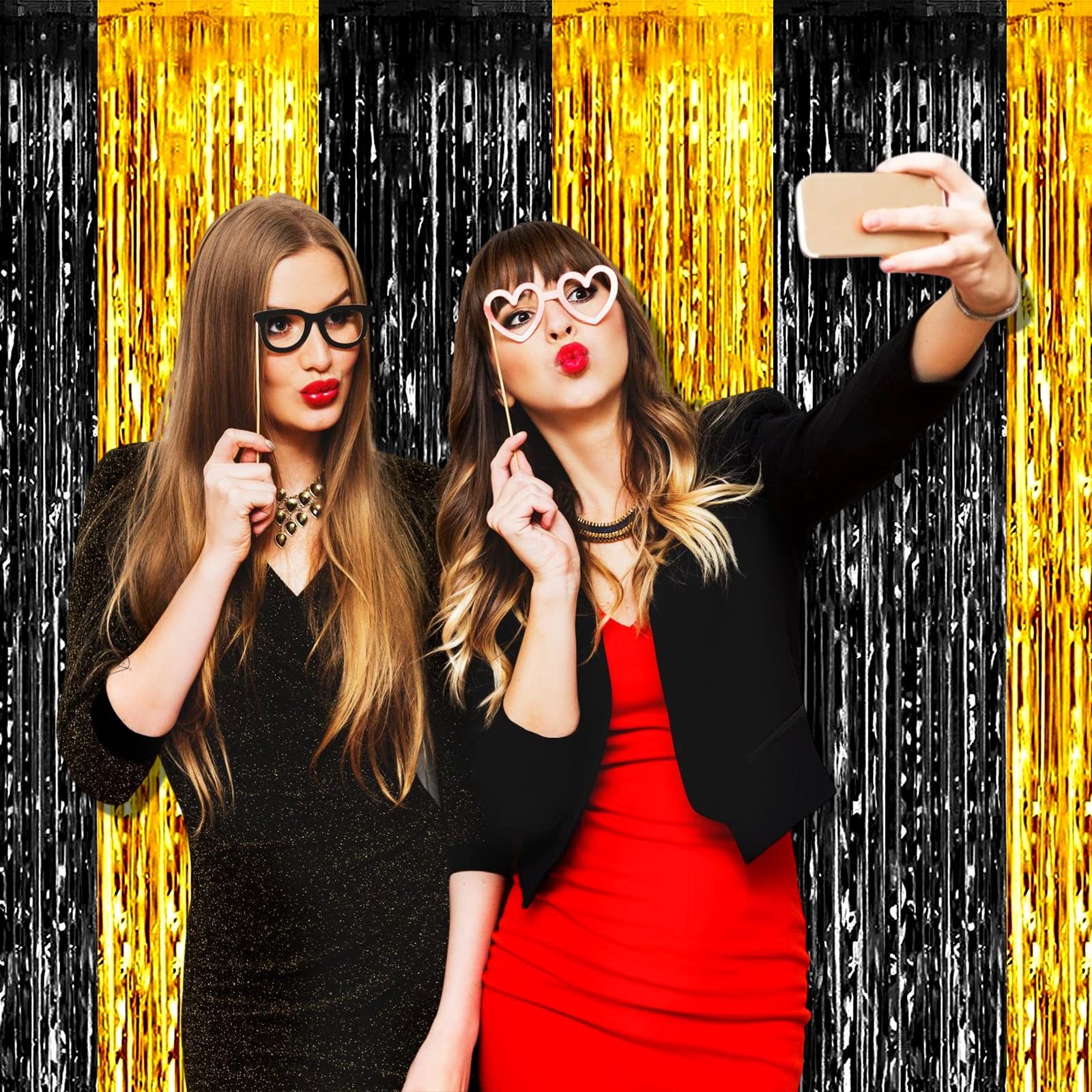 Black Gold Foil Fringe Curtain Backdrop Tinsel Streamers 3.28×9.8 Ft 4 PCS