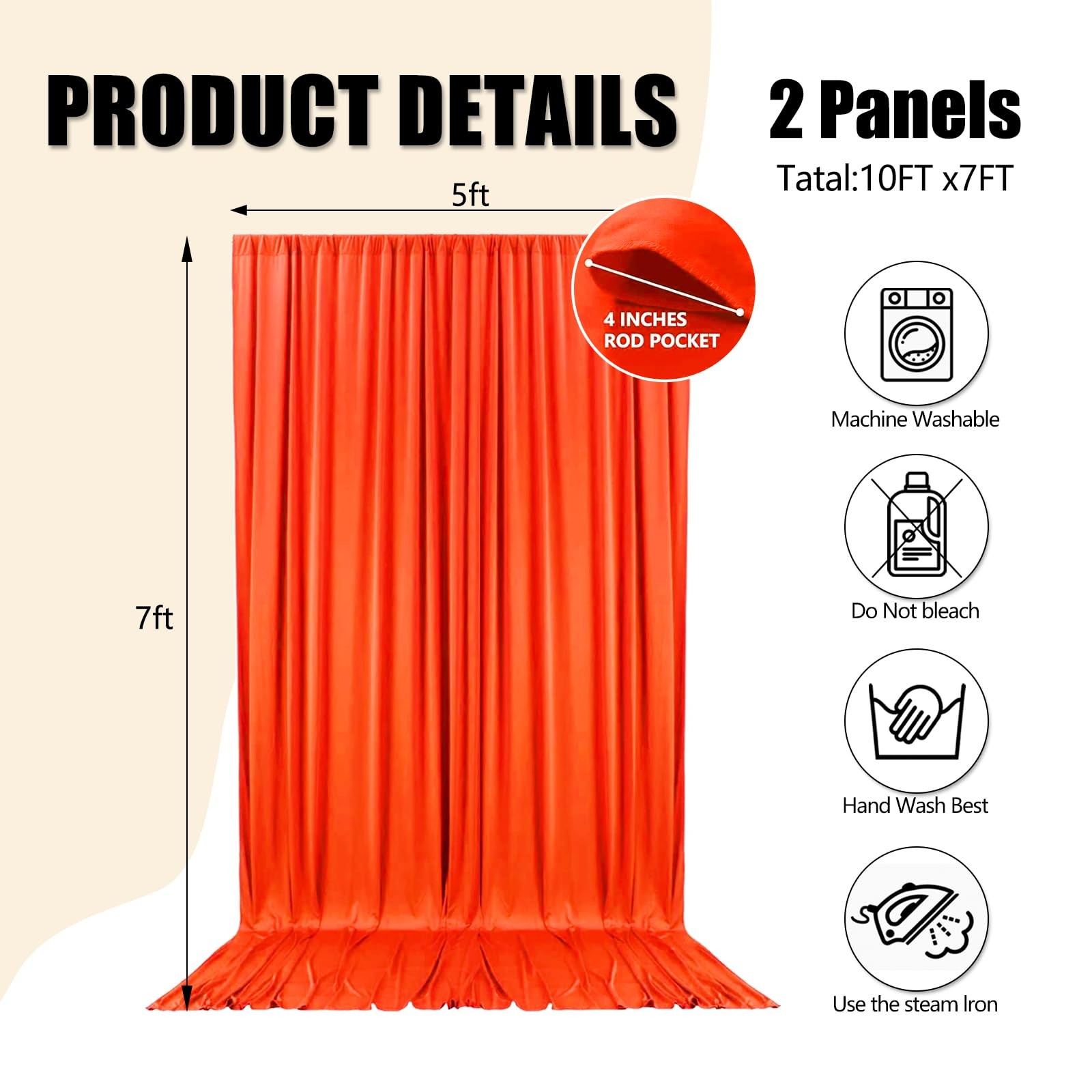 2 PCS 10Ft x 7Ft Deep Orange Polyester Fabric Backdrop Curtains Party Drapes