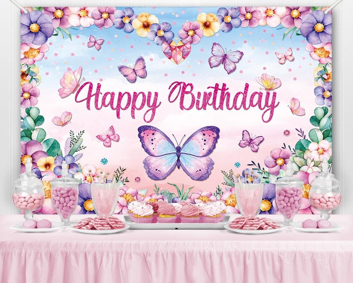 LDWLYW Butterfly Happy Birthday Banner Backdrop Pink Purple Butterflies Birthday