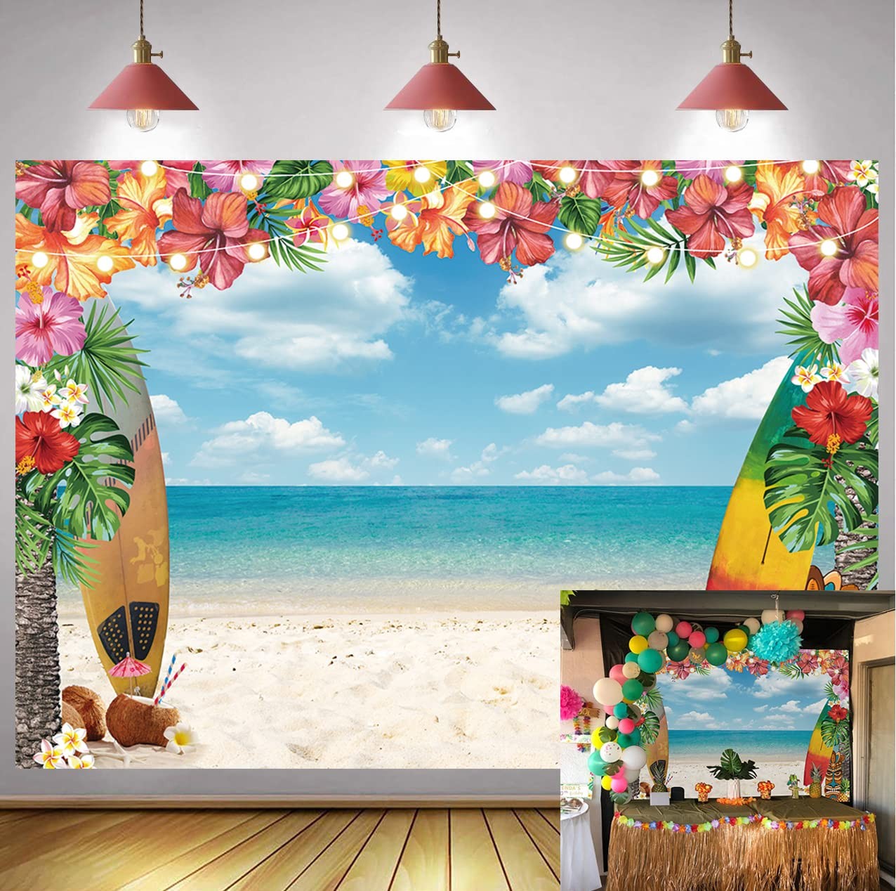 7x5FT Summer Hawaiian Beach Backdrop Sky Ocean Tropical Palm Flower Surfboard