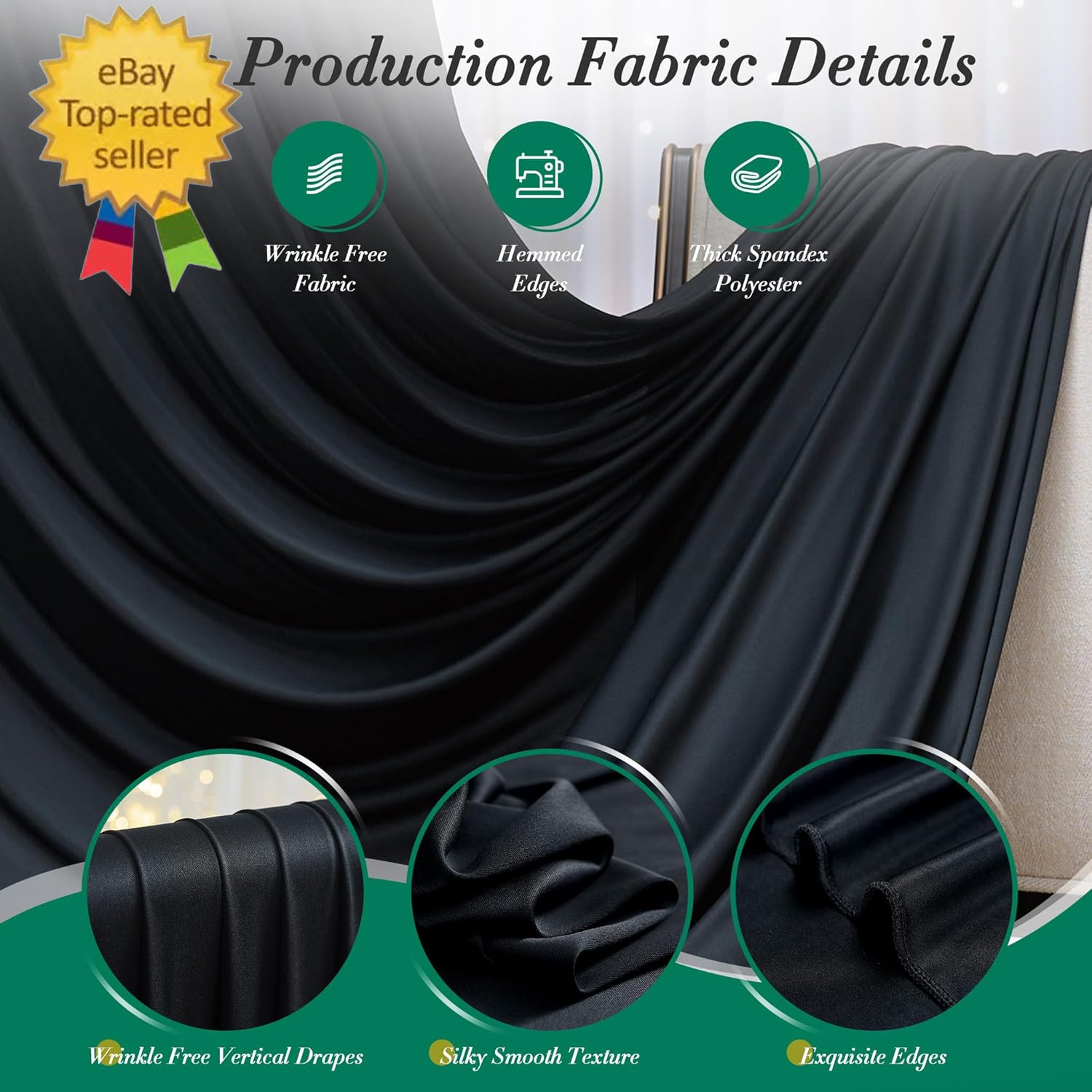 40 Ft X 10 Ft Wrinkle Free Black Backdrop Curtain for Parties, 8 Panels 10Ft Pol