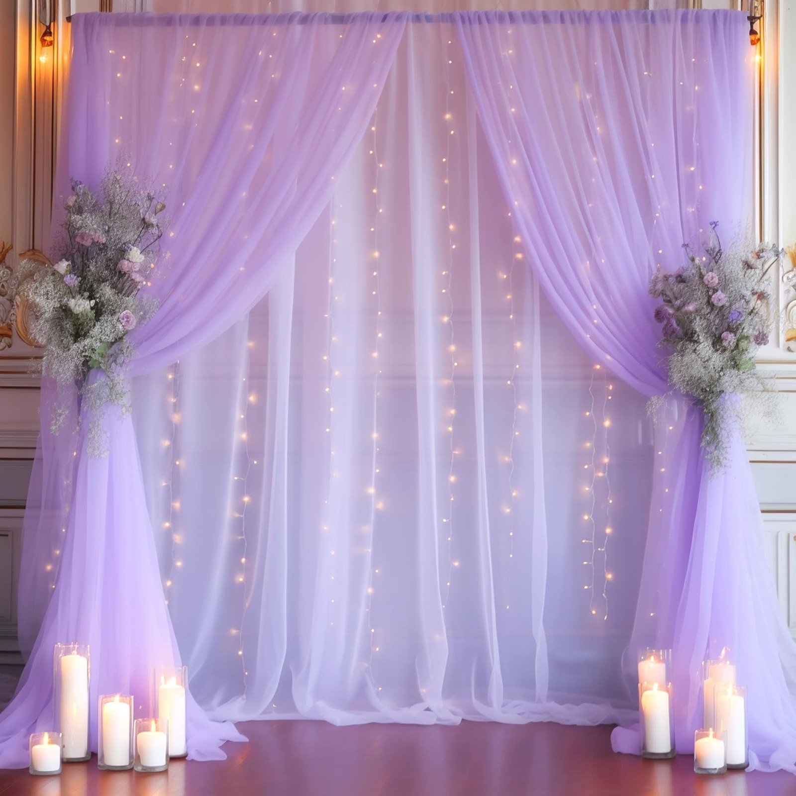 20x8ft Purple Tulle Backdrop Curtain with Lights String for Parites, Sheer Photo