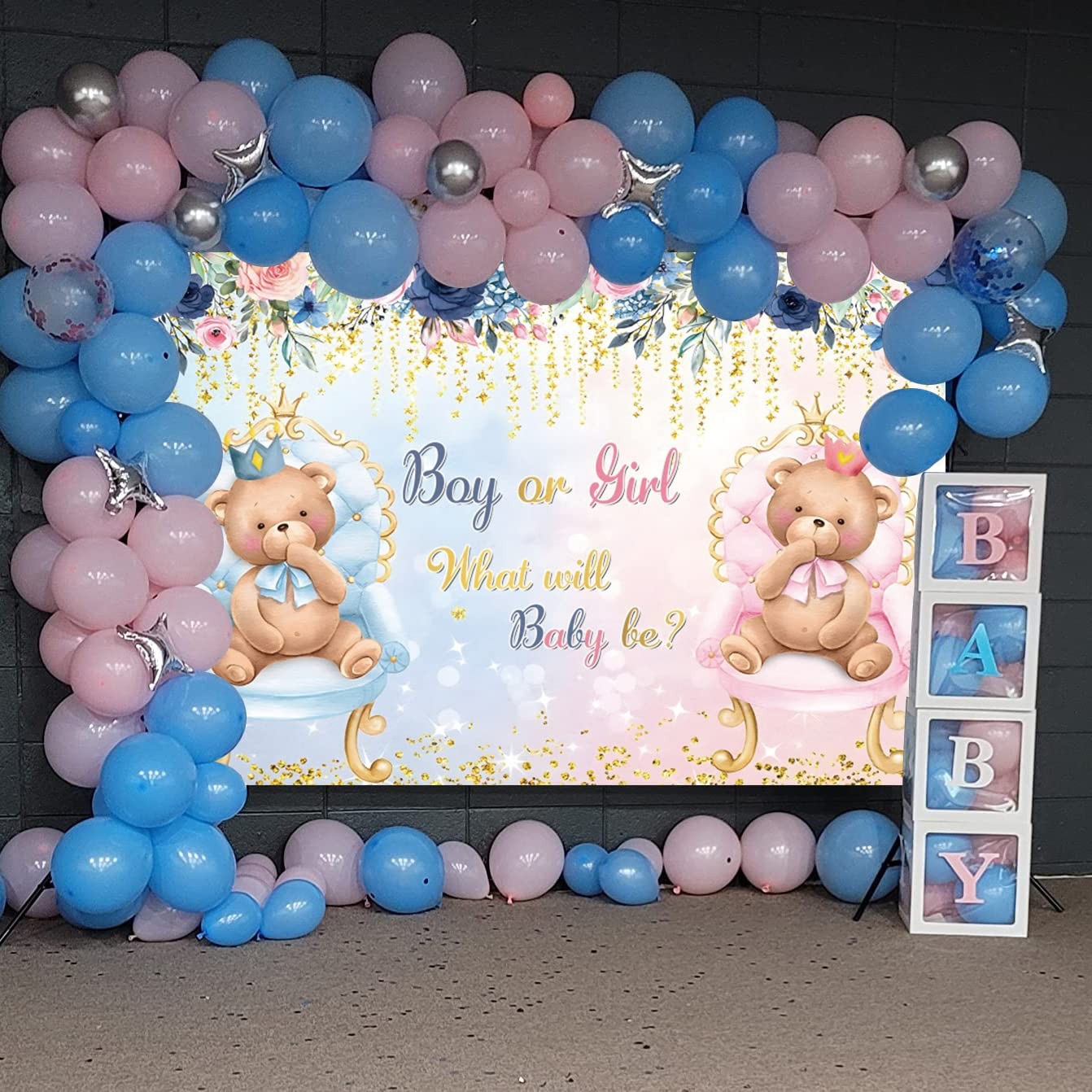 7x5Ft Boho Bear Gender Reveal Backdrop Pink Blue Baby Shower Photo Booth Banner
