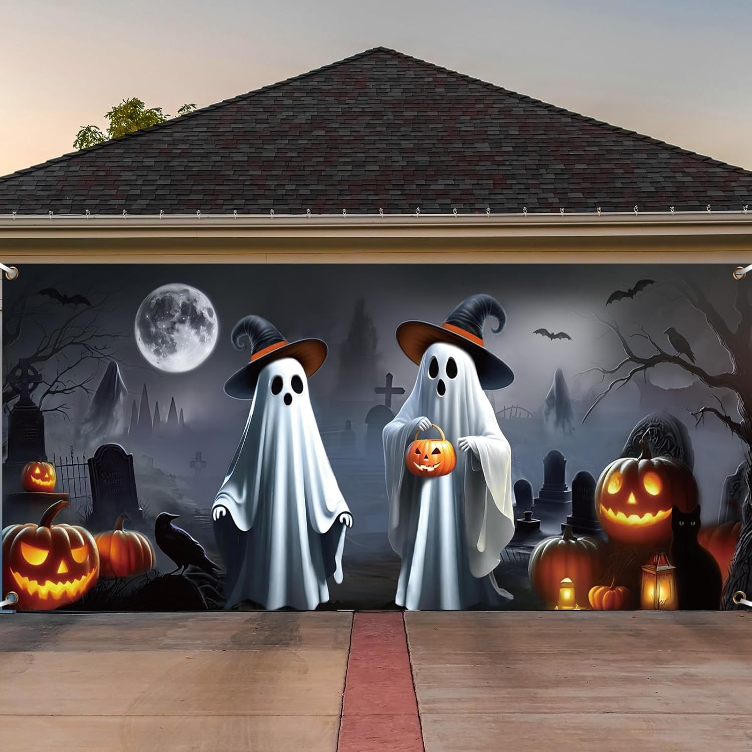 Preboun Halloween Ghost Garage Door 7 x 16 ft, as shown in the picture