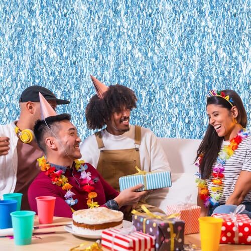 Light Blue Wave Party Backdrop Decoration -Foil Fringe Curtain Blue Party