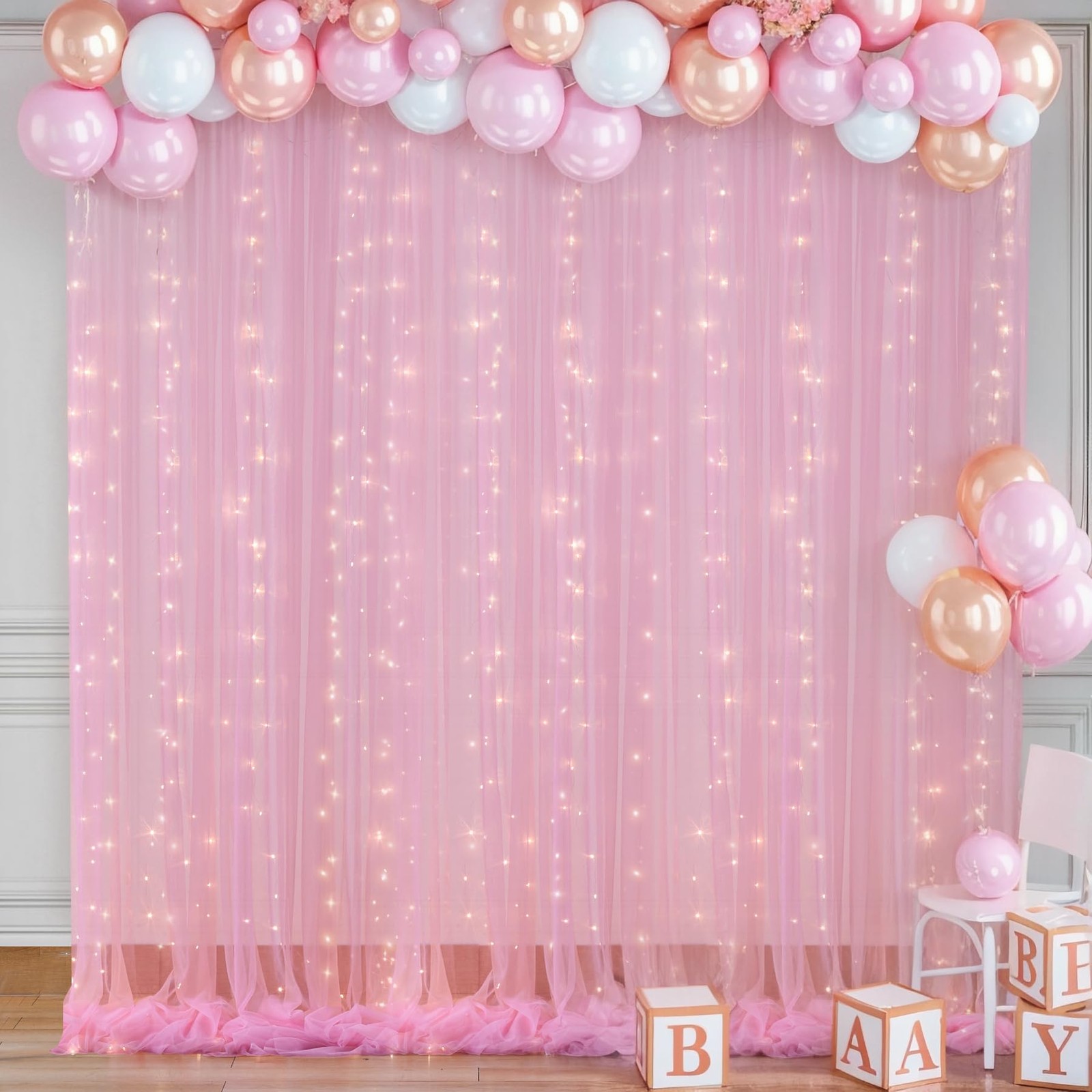 10x10ft Pink Tulle Backdrop Curtain with String Lights for Wedding Parties