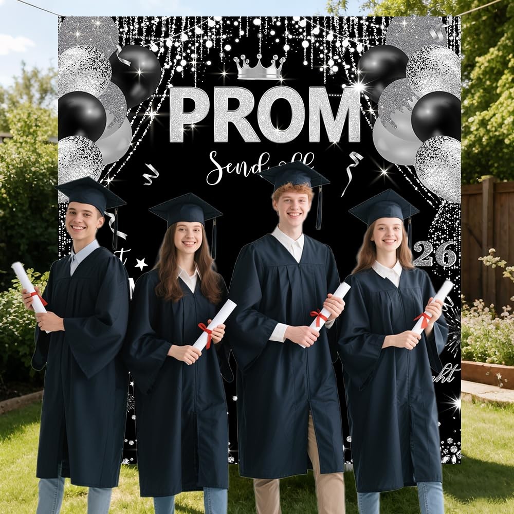 Prom 2026 Graduations Backdrop Congrats Grad Banner Black Silver Glitter Balloon