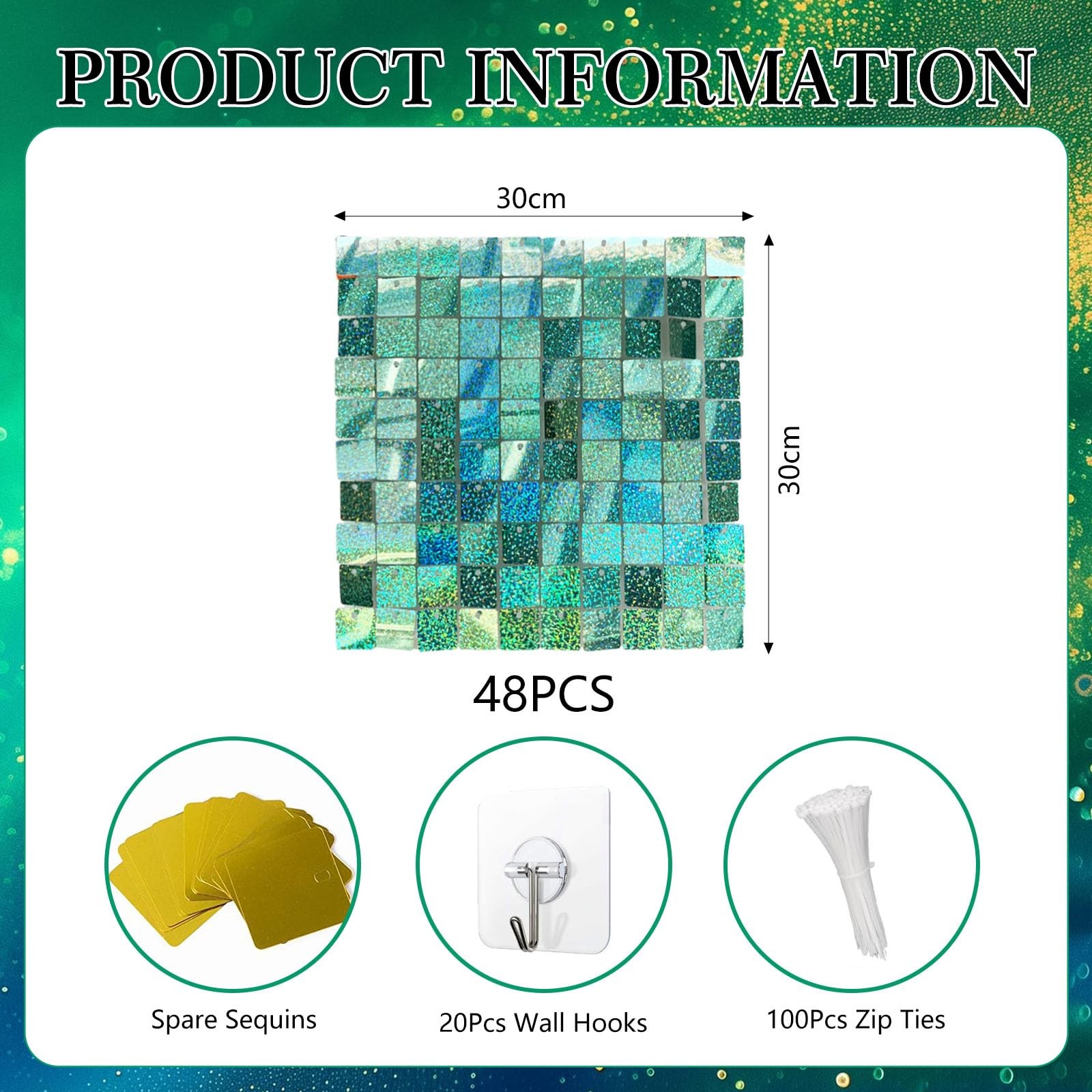 48 PCS Light Green Shimmer Wall Backdrop, Laser Square