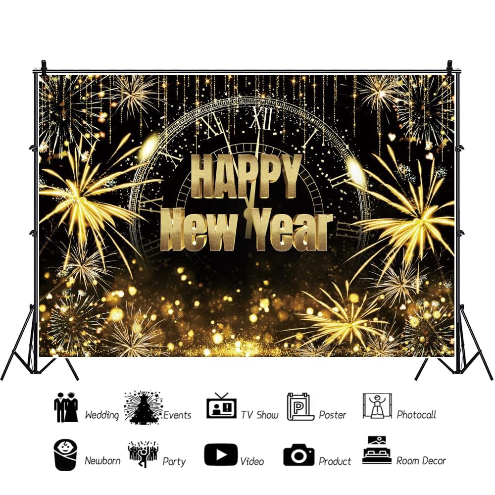 Happy New Year Backdrop Firework Gold Shining Champagne Wine Glasses Black Go…