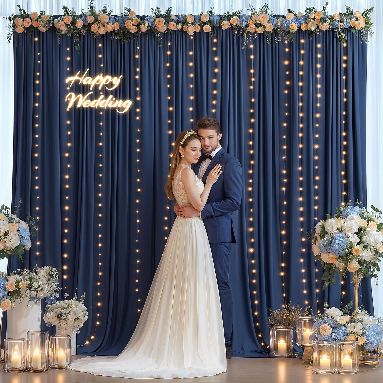 2 Panels 5x10ft Navy Blue Backdrop Curtains Set With Lights String Set