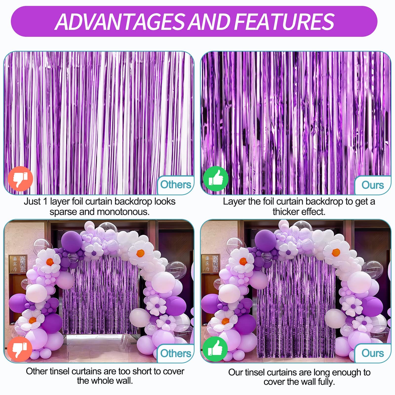 Purple Foil Fringe Curtains 4 Pack Tinsel Backdrop for Party Decorations
