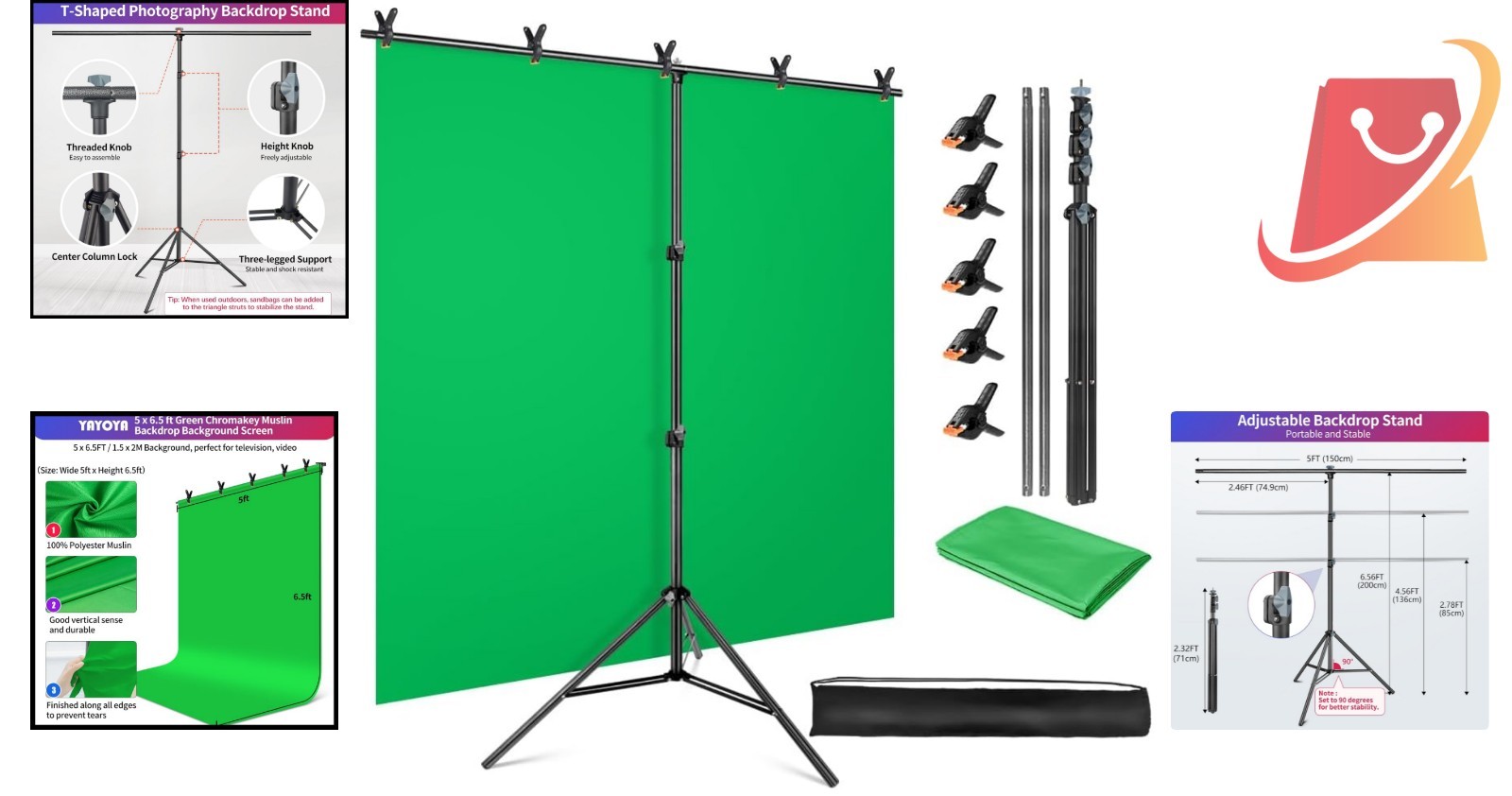 Green Screen Backdrop Kit 5×6.5ft Portable Chromakey Stand and Clamps for Str…