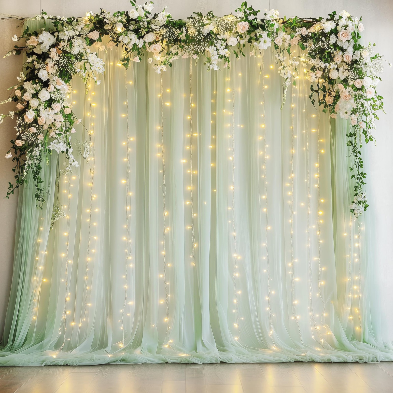 Sage Green Tulle Backdrop Curtains with Lights String 10FT X 8FT Sheer Curtai…