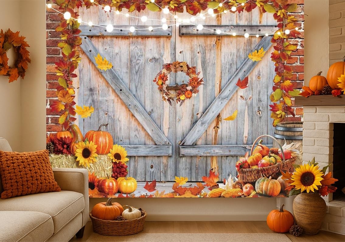 8×6 FT Fall Thanksgiving Backdrop Autumn Pumpkin Harvest Barn Door Photography