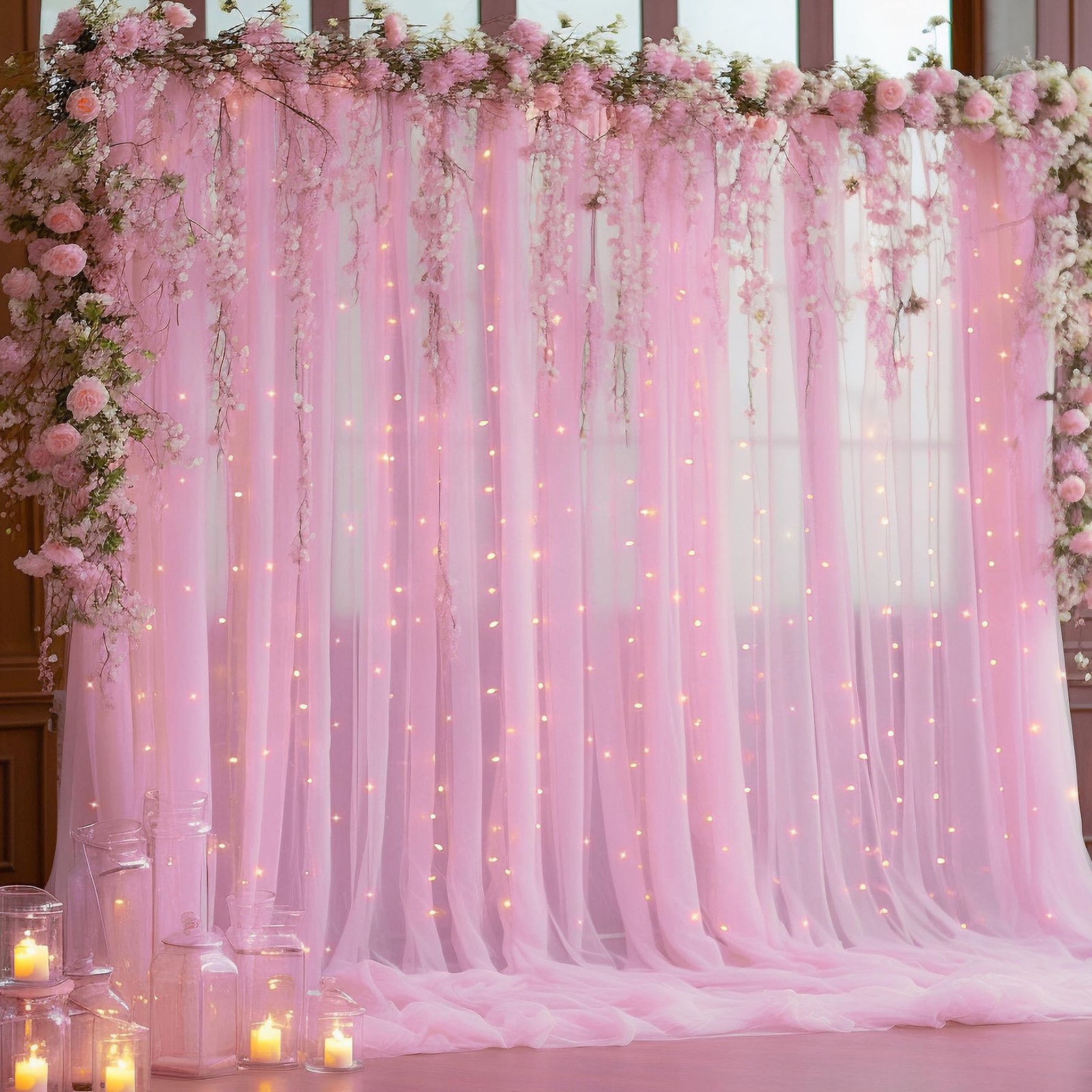 10x10ft Pink Tulle Backdrop Curtain with String Lights for Wedding Parties