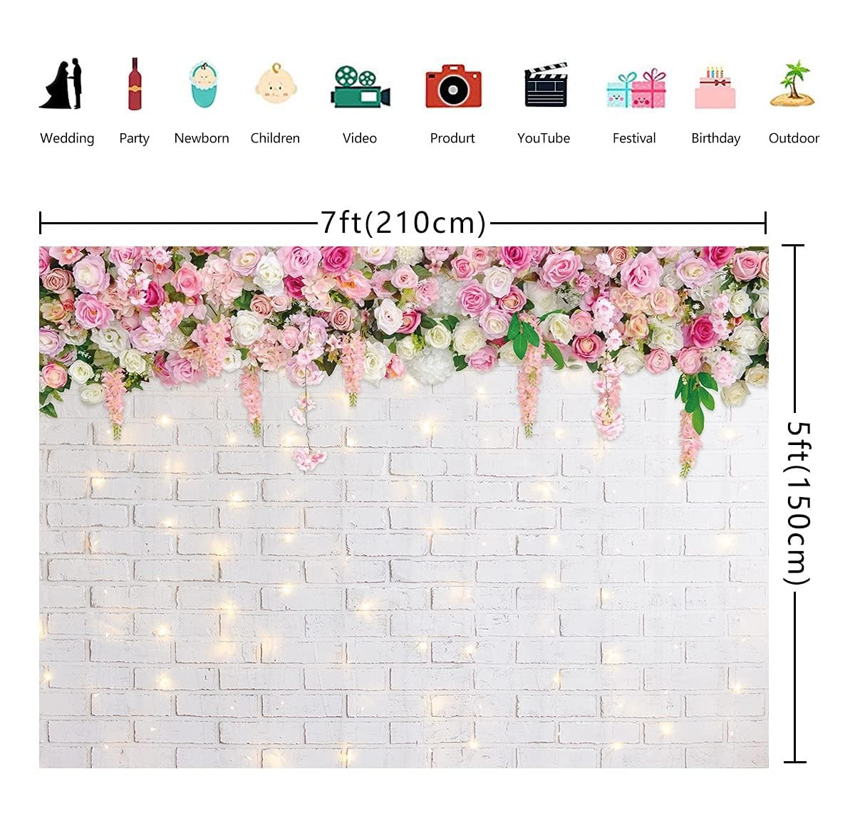 Flower Wall Backdrop Glitter White Brick Mothers Day Flowers 7x5FT Background