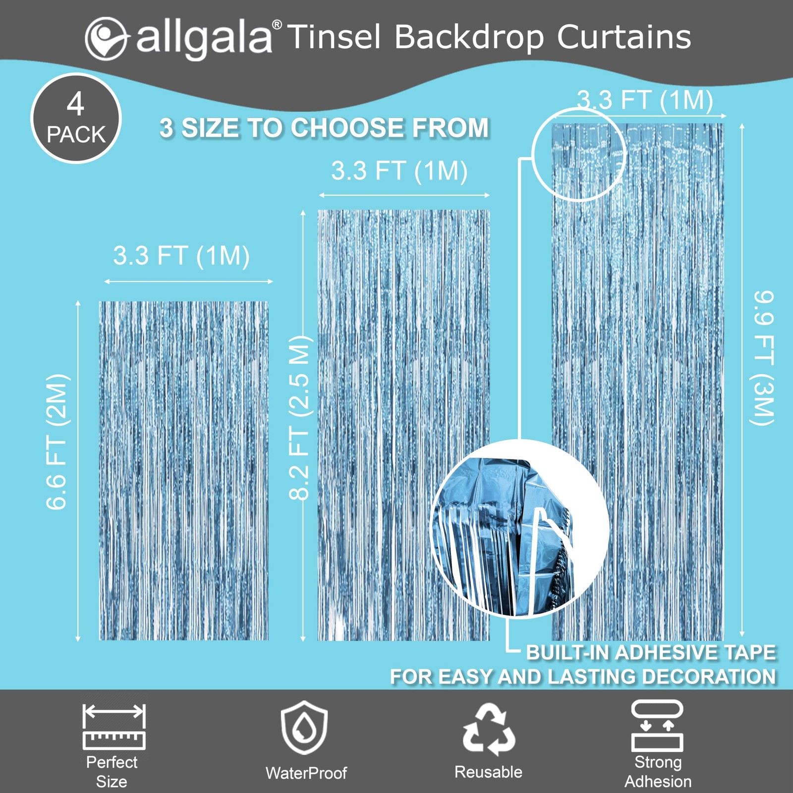 4 Pack Light Blue Metallic Tinsel Party Backdrop Curtain Fringe 3.3×8.2 FT